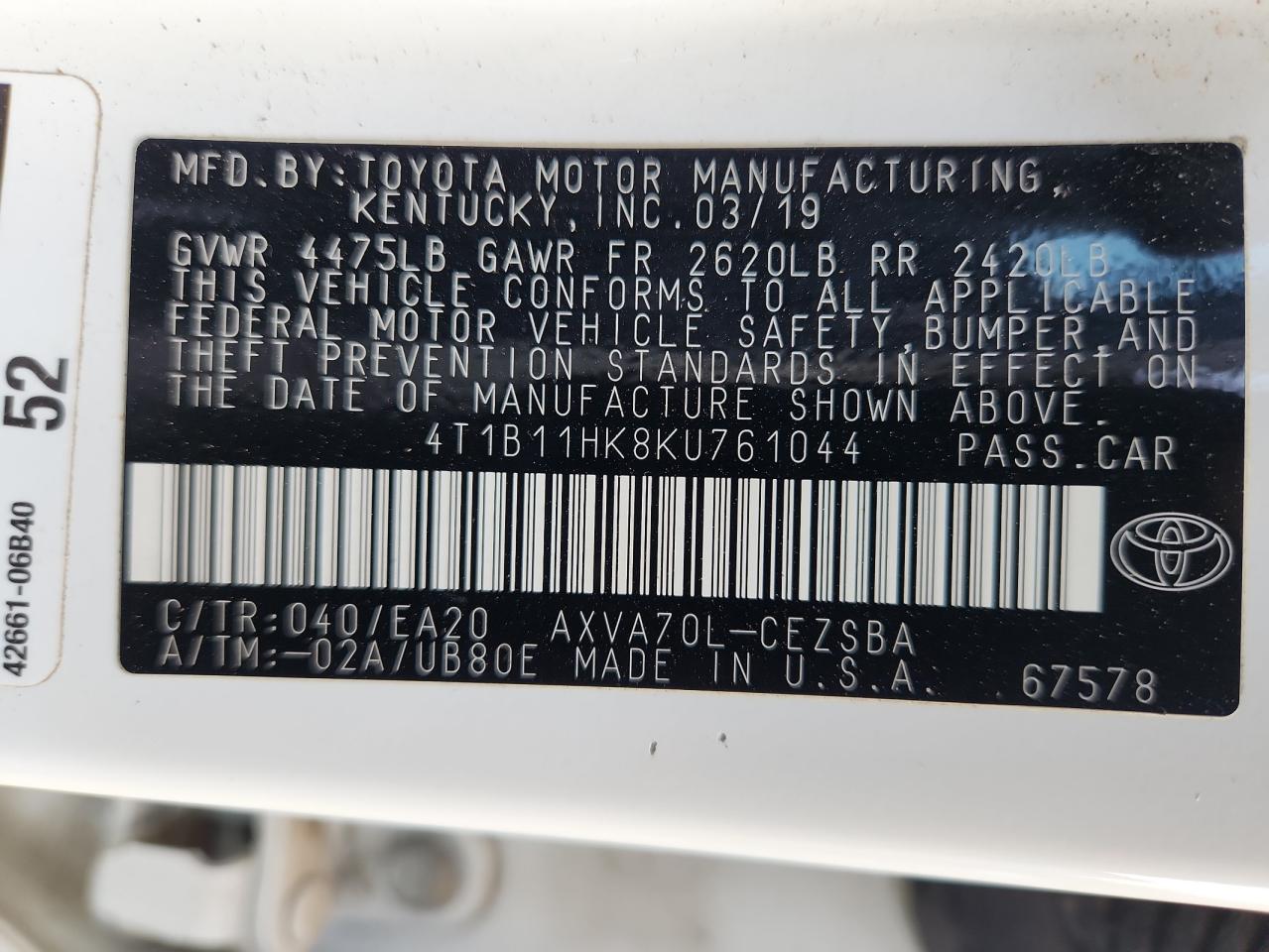 2019 Toyota Camry L VIN: 4T1B11HK8KU761044 Lot: 93478005