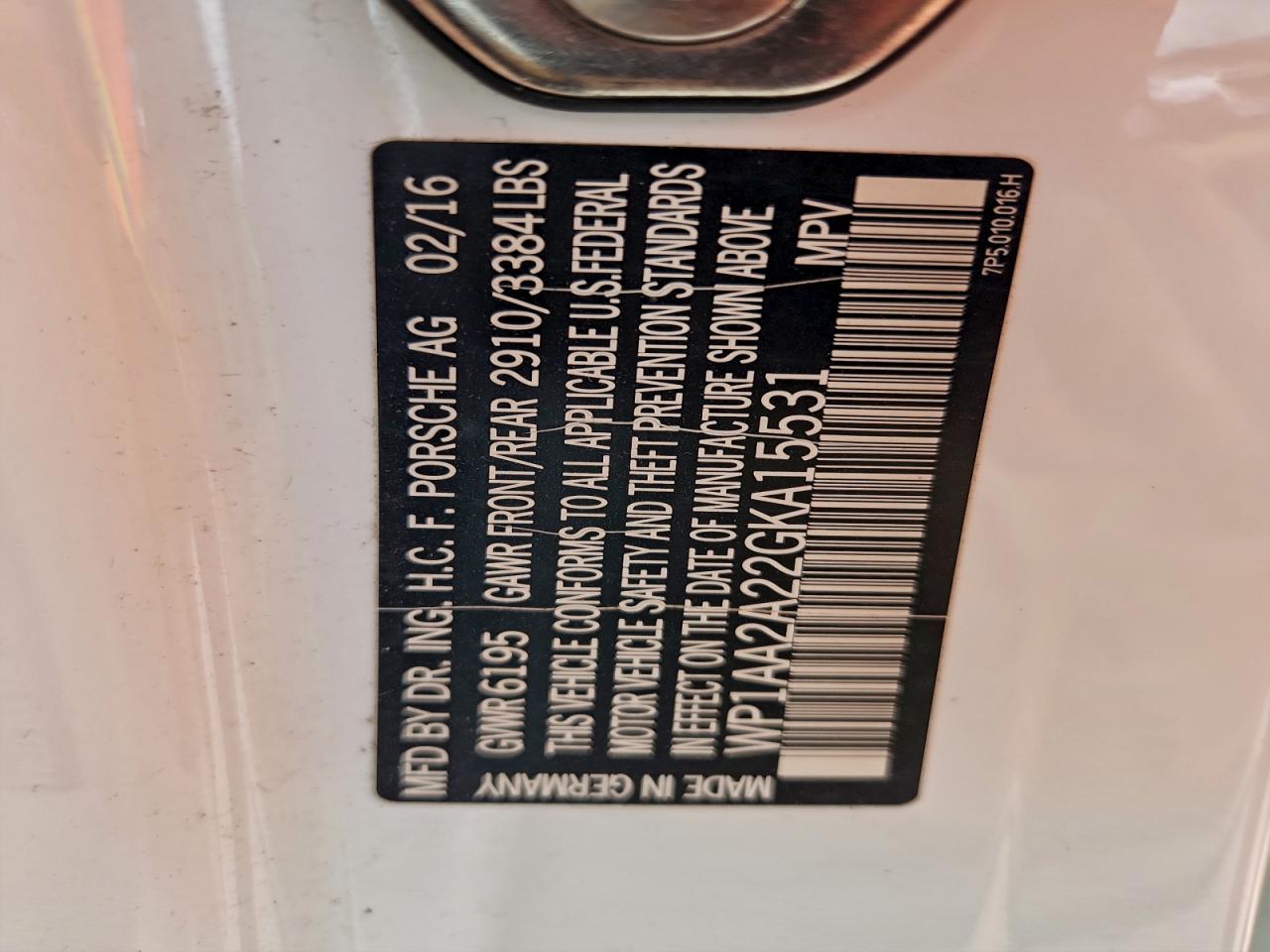 2016 Porsche Cayenne VIN: WP1AA2A22GKA15531 Lot: 94301365