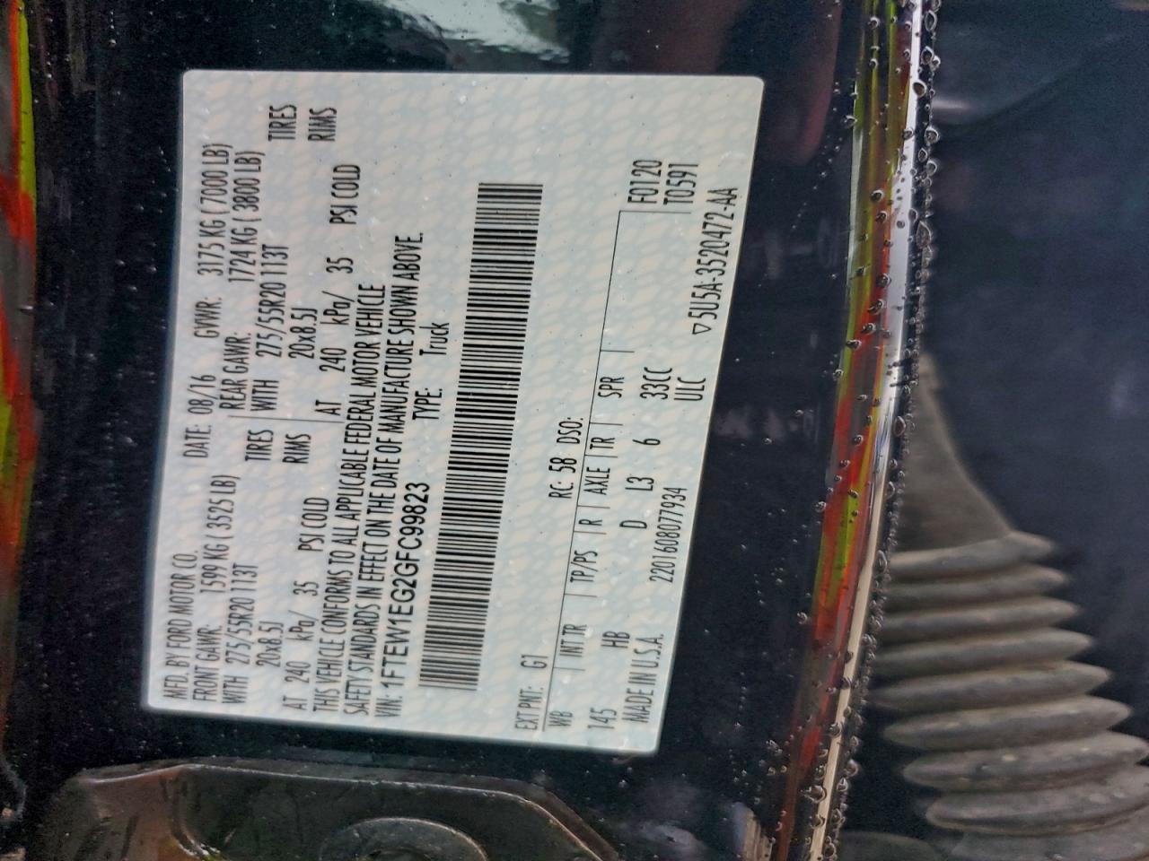 2016 Ford F150 Supercrew VIN: 1FTEW1EG2GFC99823 Lot: 94138245