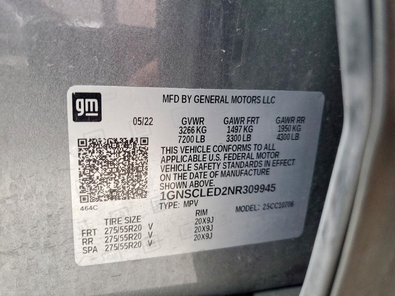 2022 Chevrolet Tahoe C1500 VIN: 1GNSCLED2NR309945 Lot: 90137225