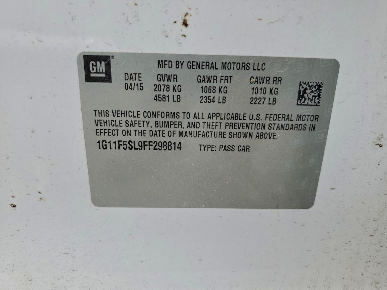 2015 Chevrolet Malibu Ltz VIN: 1G11F5SL9FF298814 Lot: 94490915