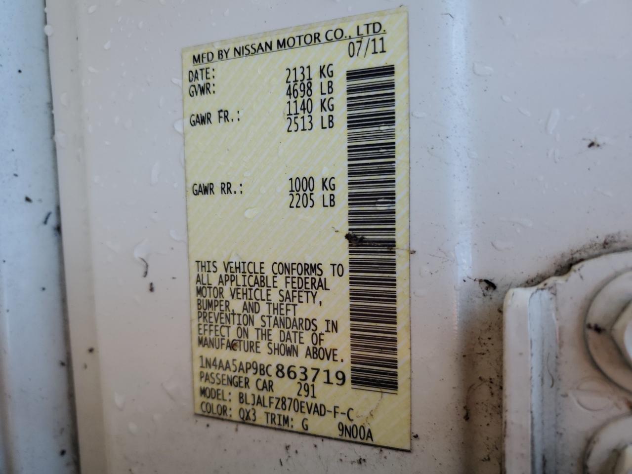 2011 Nissan Maxima S VIN: 1N4AA5AP9BC863719 Lot: 92672555