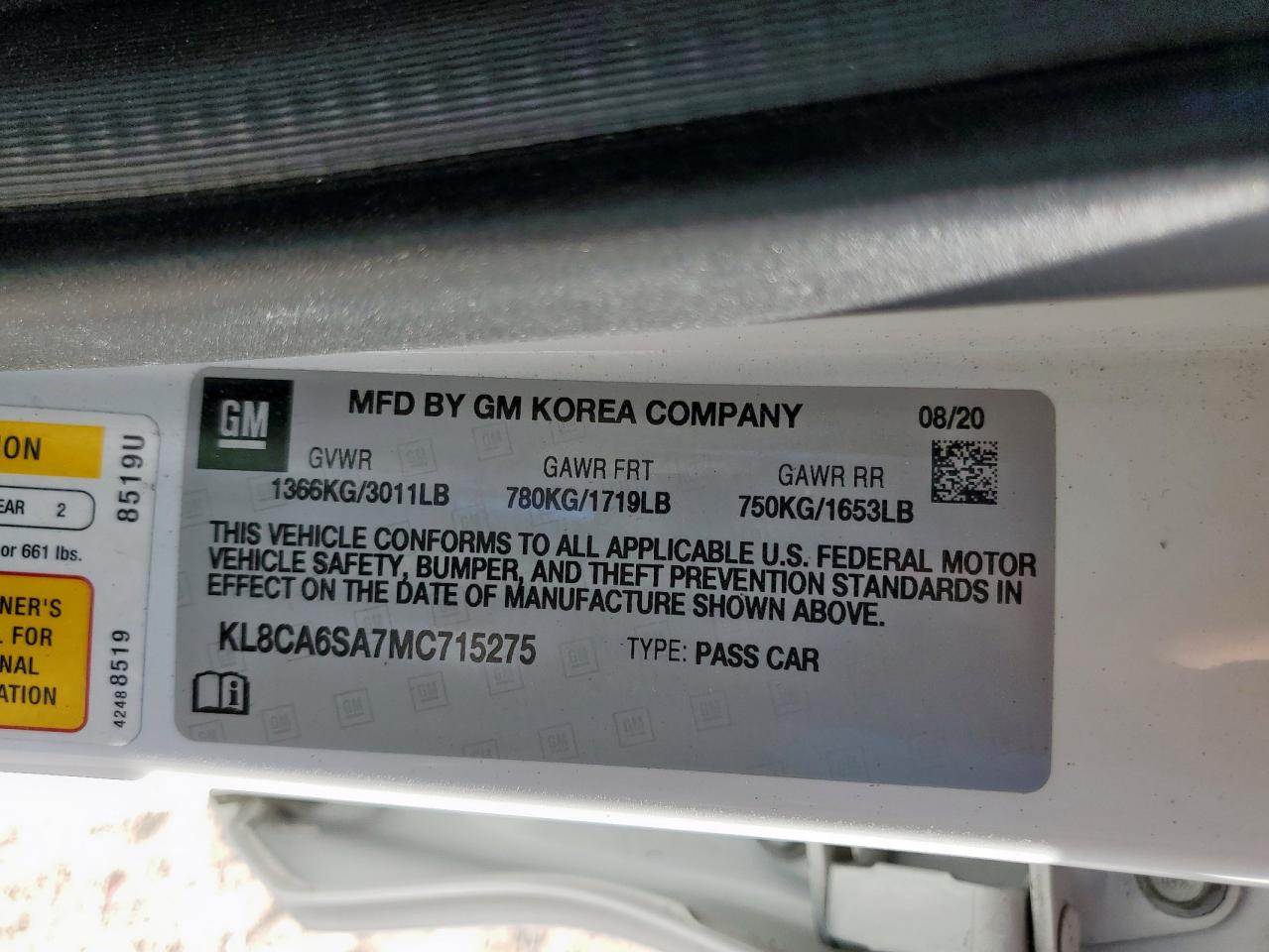 2021 Chevrolet Spark Ls VIN: KL8CA6SA7MC715275 Lot: 92004255