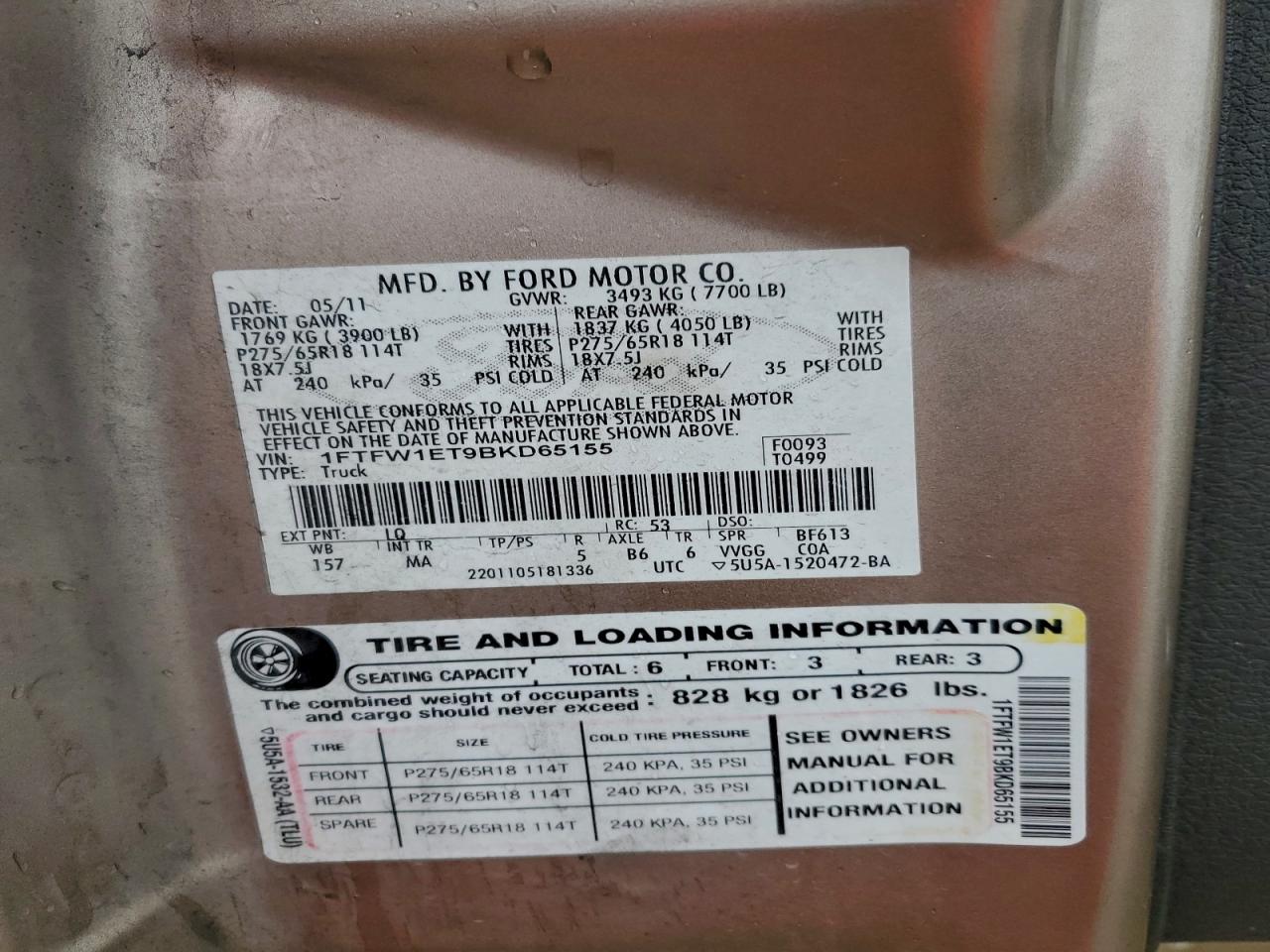 2011 Ford F150 Supercrew VIN: 1FTFW1ET9BKD65155 Lot: 94071045