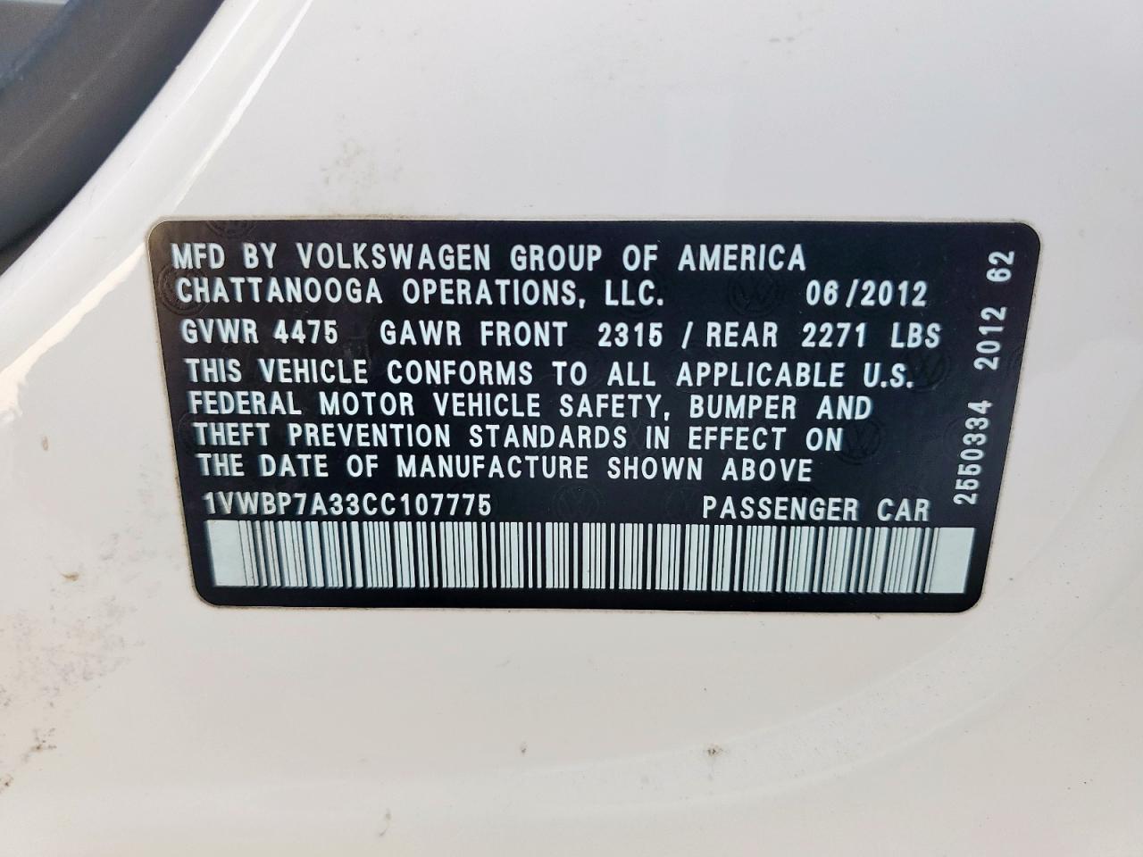 2012 Volkswagen Passat Se VIN: 1VWBP7A33CC107775 Lot: 92017545