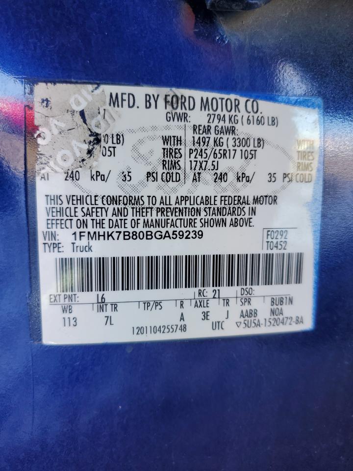 2011 Ford Explorer VIN: 1FMHK7B80BGA59239 Lot: 92018715