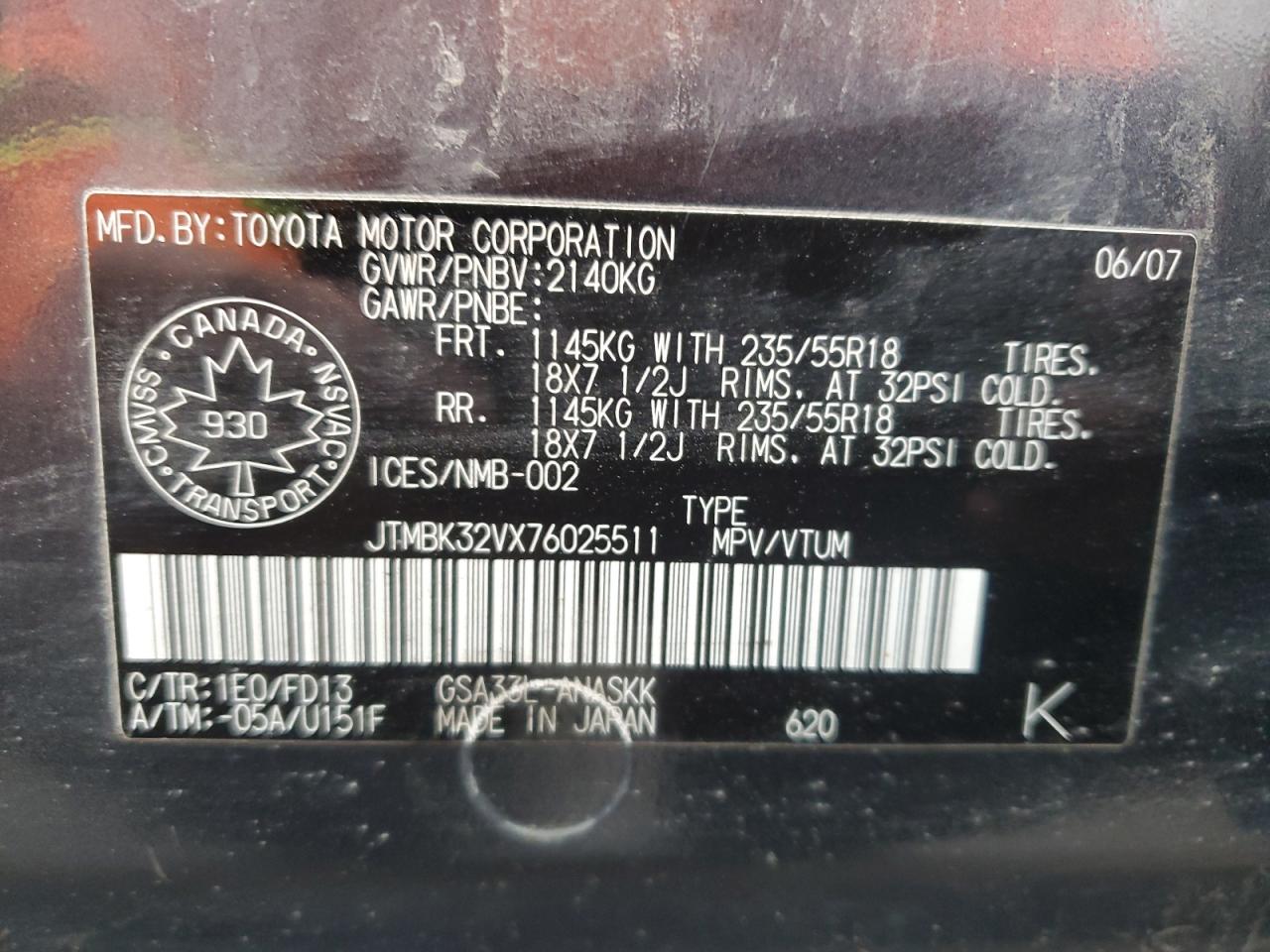 2007 Toyota Rav4 Sport VIN: JTMBK32VX76025511 Lot: 92435815