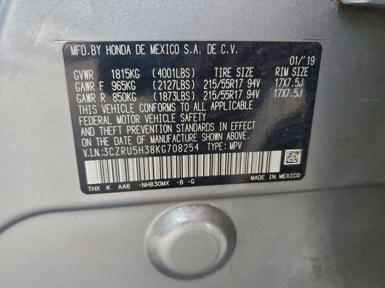 2019 Honda Hr-V Lx VIN: 3CZRU5H38KG708254 Lot: 94519165