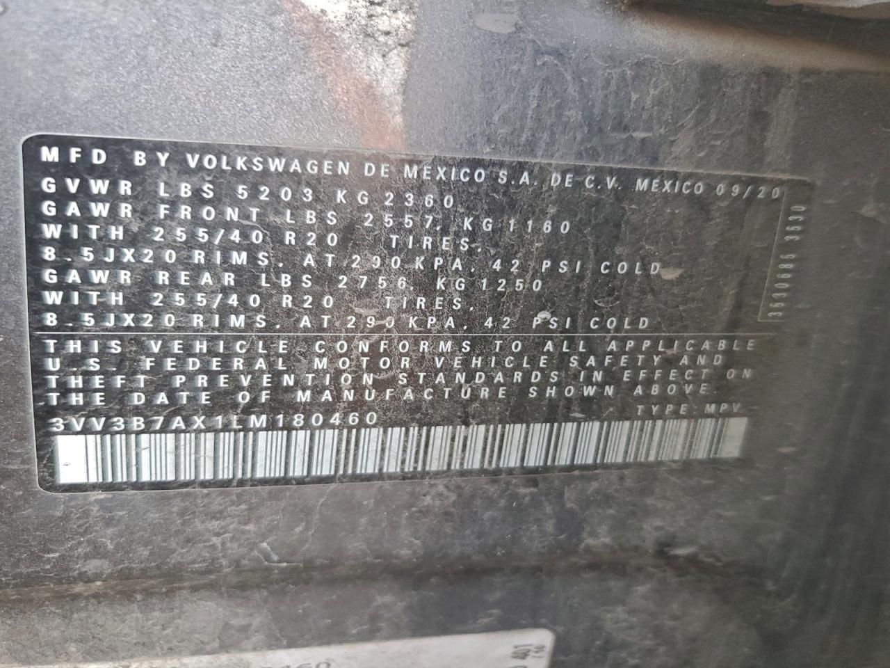 2020 Volkswagen Tiguan Se VIN: 3VV3B7AX1LM180460 Lot: 94159735