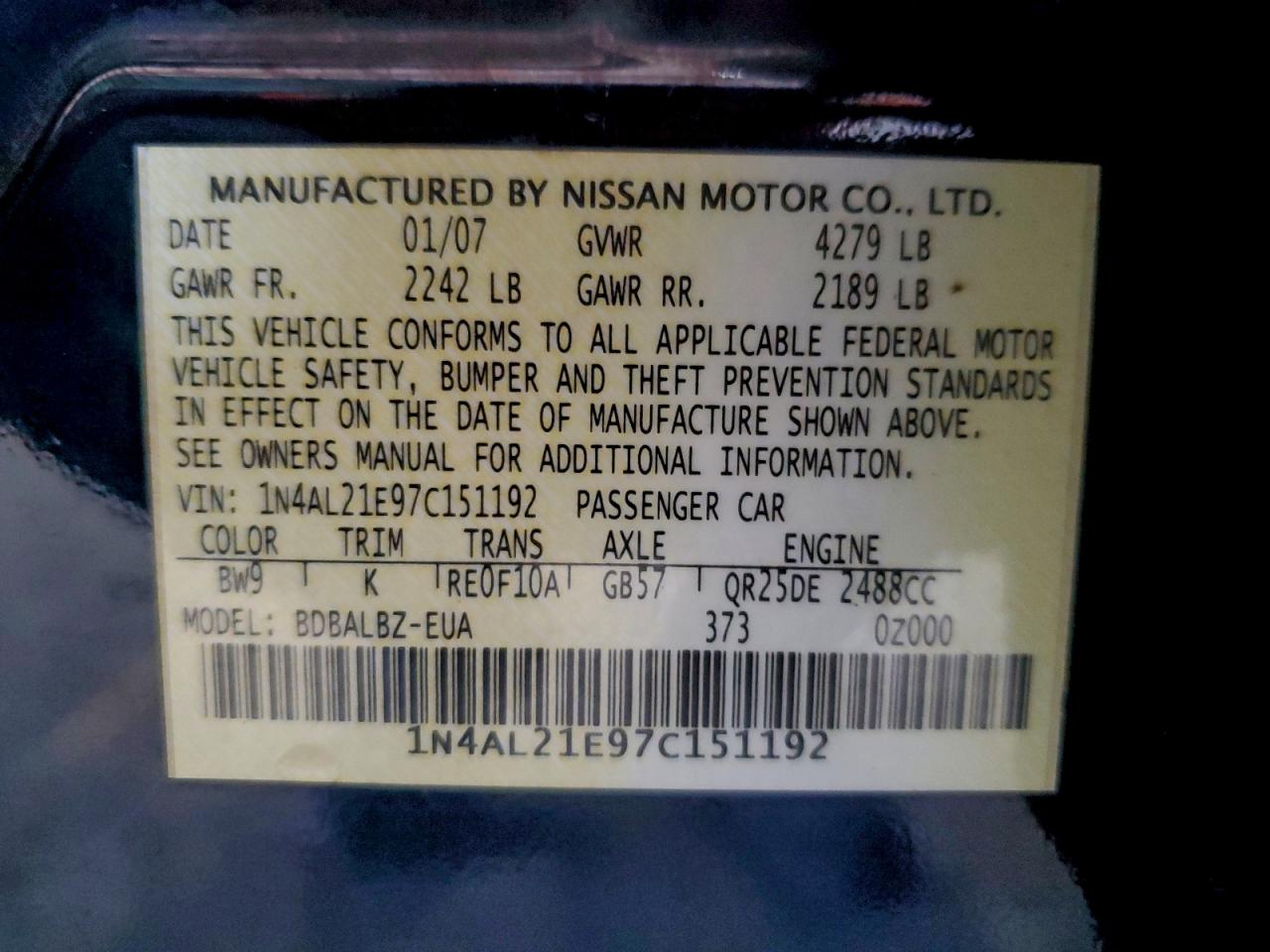 2007 Nissan Altima 2.5 VIN: 1N4AL21E97C151192 Lot: 94487335