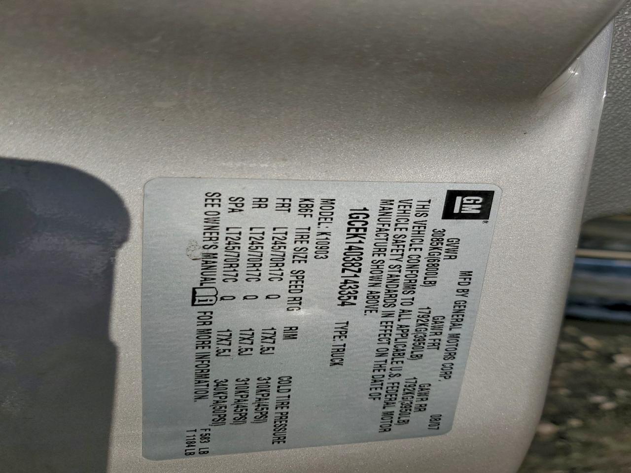 2008 Chevrolet Silverado K1500 VIN: 1GCEK14038Z143354 Lot: 94062675