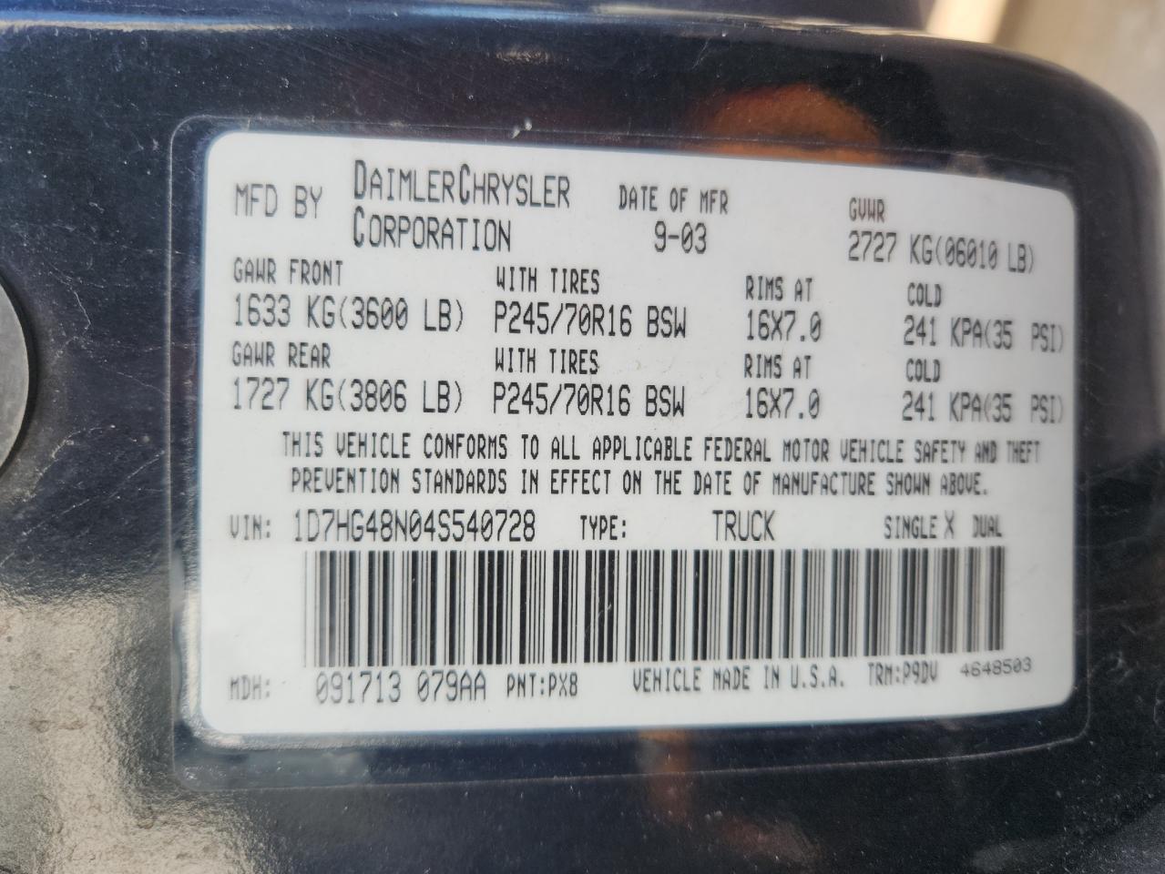 2004 Dodge Dakota Quad Slt VIN: 1D7HG48N04S540728 Lot: 92743195