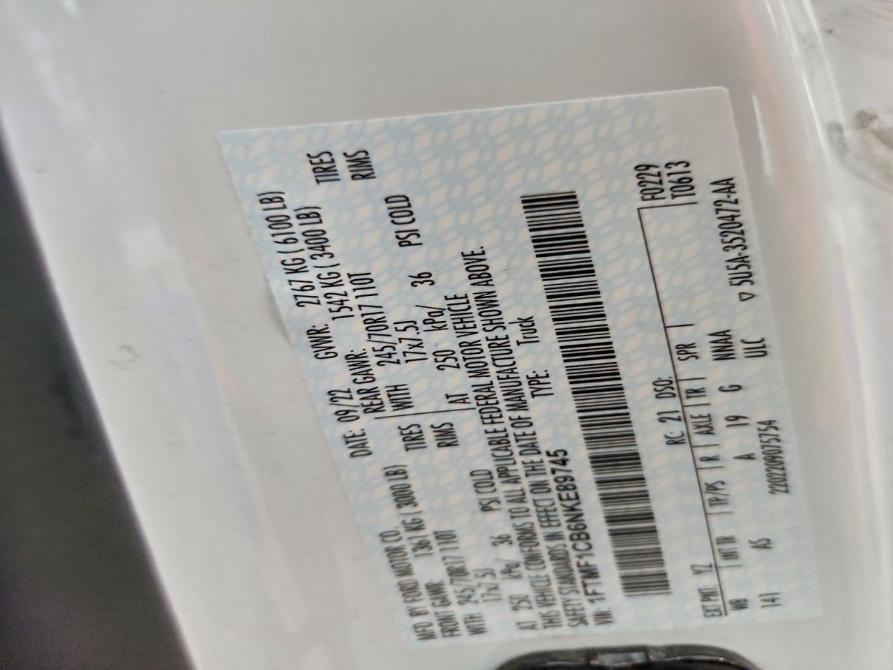 2022 Ford F150 VIN: 1FTMF1CB6NKE89745 Lot: 93666655