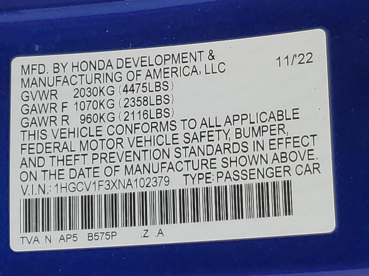 2022 Honda Accord Sport VIN: 1HGCV1F3XNA102379 Lot: 92729455