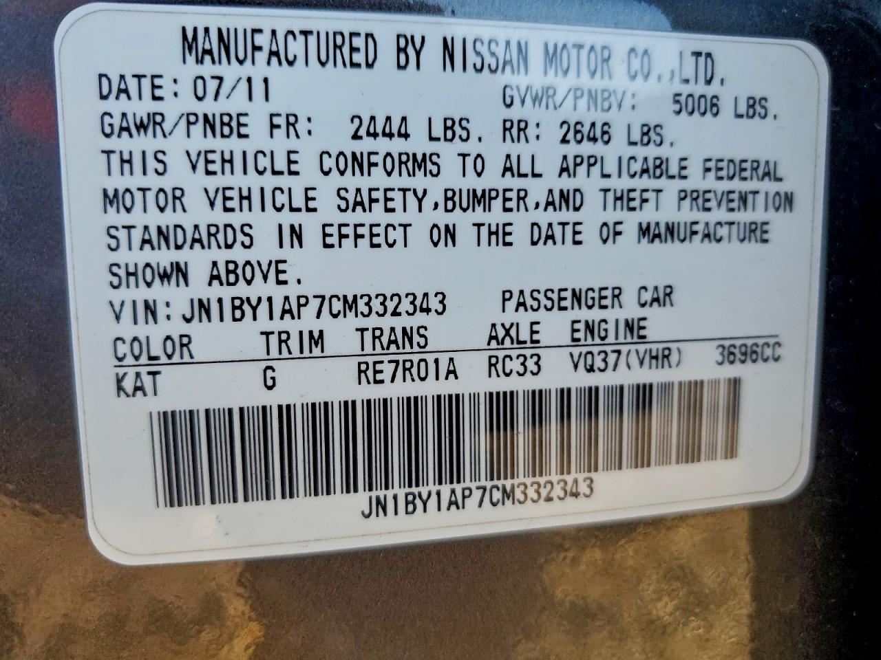 2012 Infiniti M37 VIN: JN1BY1AP7CM332343 Lot: 94488535