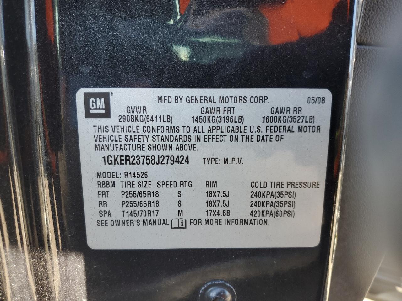 2008 GMC Acadia Slt-1 VIN: 1GKER23758J279424 Lot: 92706155