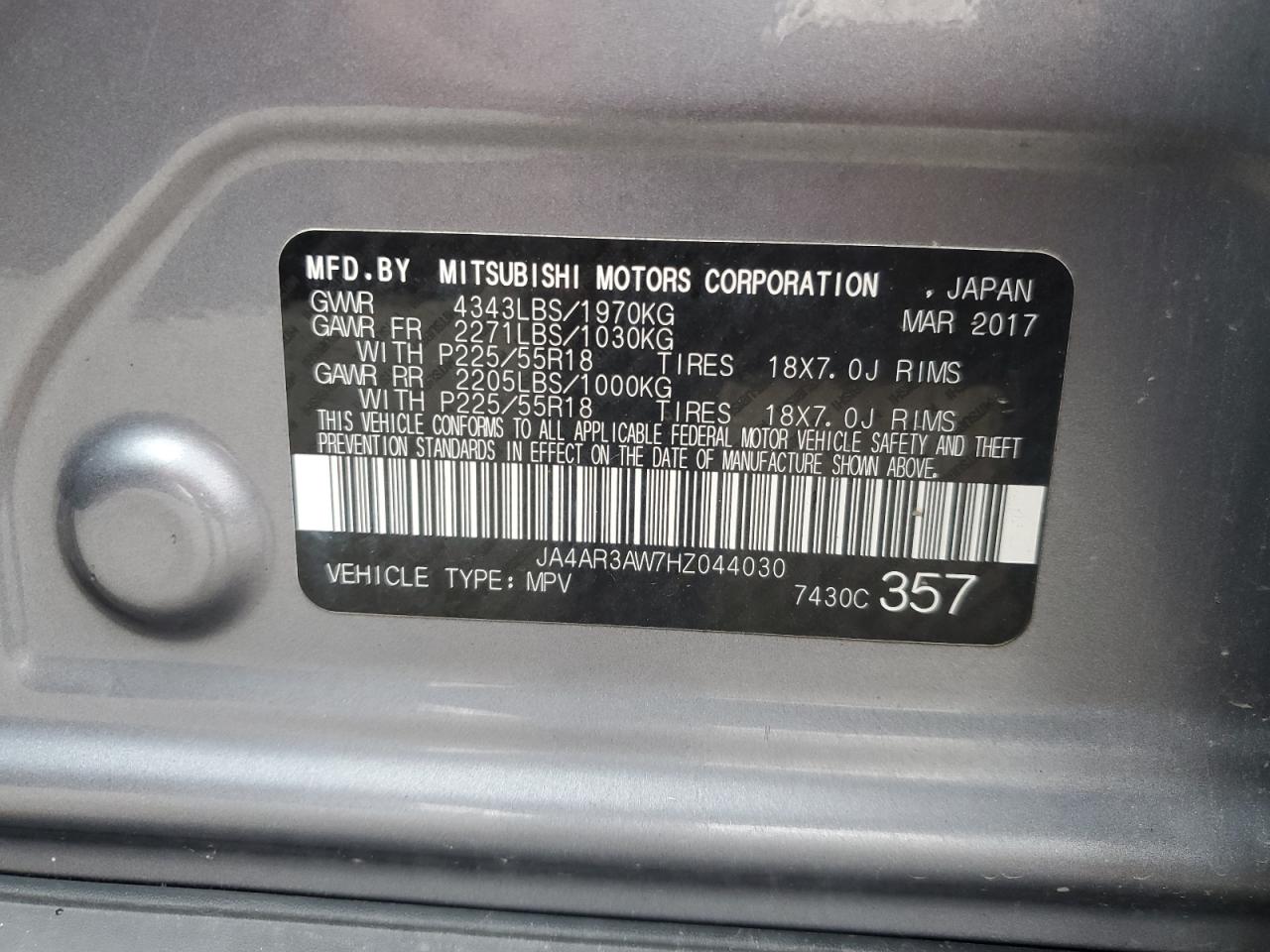 2017 Mitsubishi Outlander Sport Es VIN: JA4AR3AW7HZ044030 Lot: 92540125