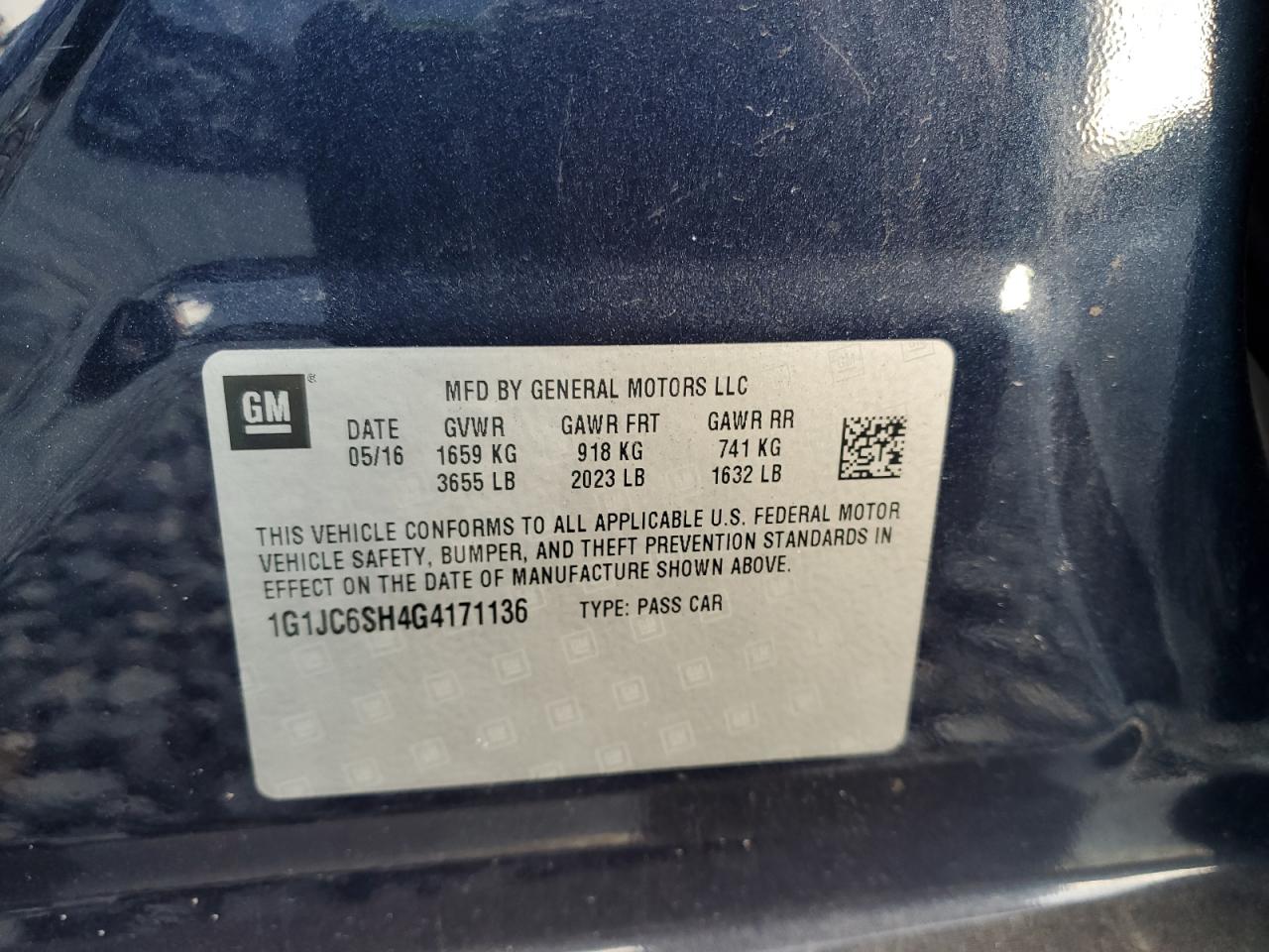 2016 Chevrolet Sonic Lt VIN: 1G1JC6SH4G4171136 Lot: 91001555