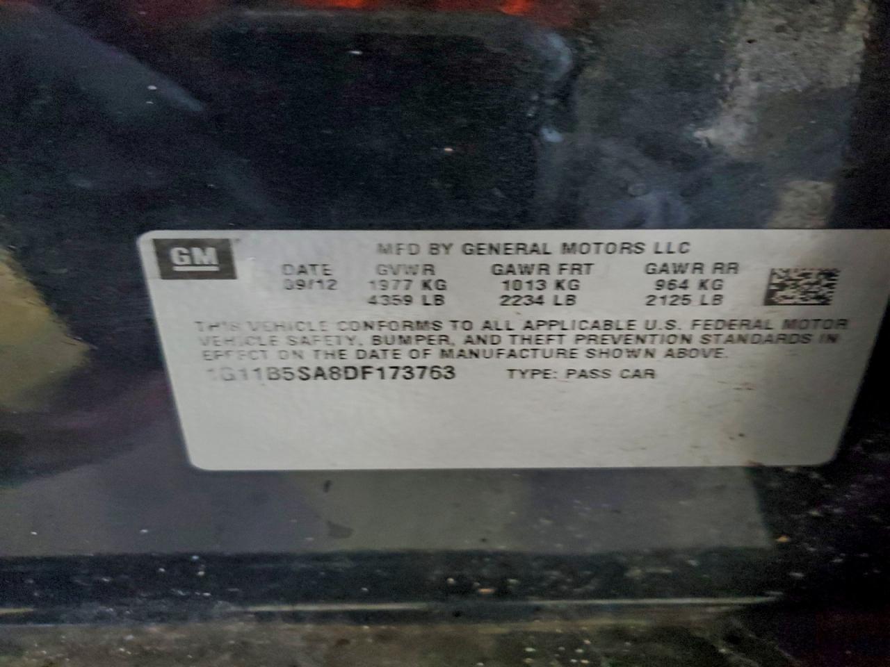 2013 Chevrolet Malibu Ls VIN: 1G11B5SA8DF173763 Lot: 93271825