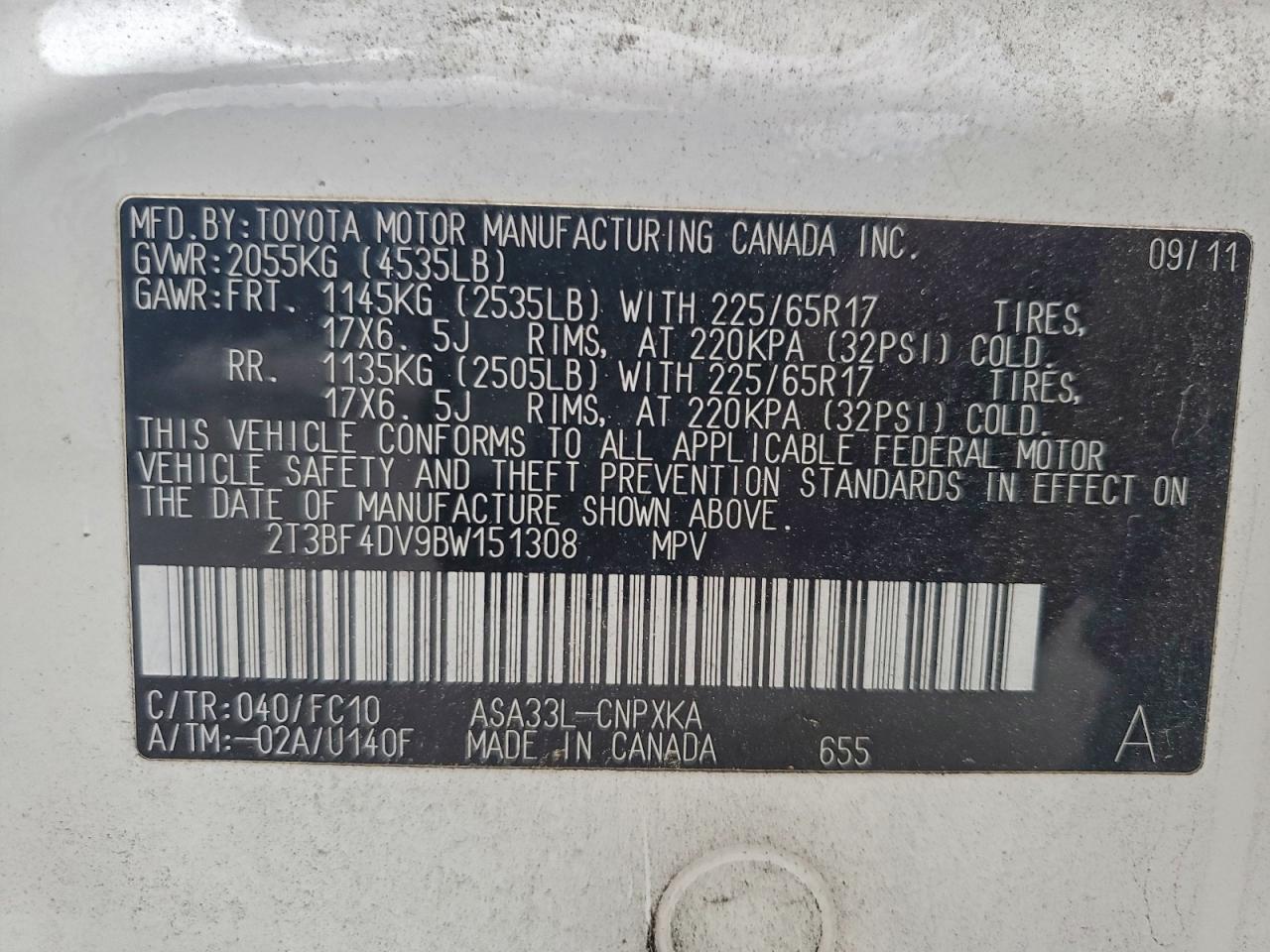 2011 Toyota Rav4 VIN: 2T3BF4DV9BW151308 Lot: 94454665