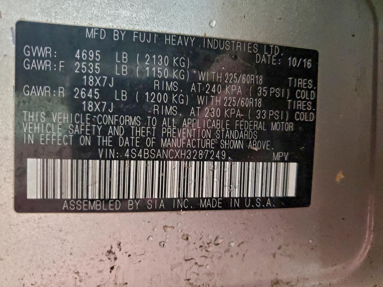 2017 Subaru Outback 2.5I Limited VIN: 4S4BSANCXH3287249 Lot: 94031755