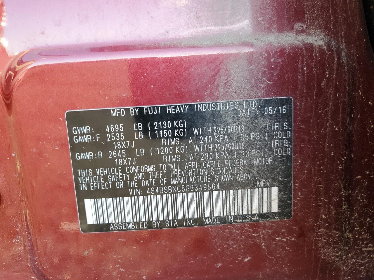 2016 Subaru Outback 2.5I Limited VIN: 4S4BSBNC5G3349564 Lot: 91658235