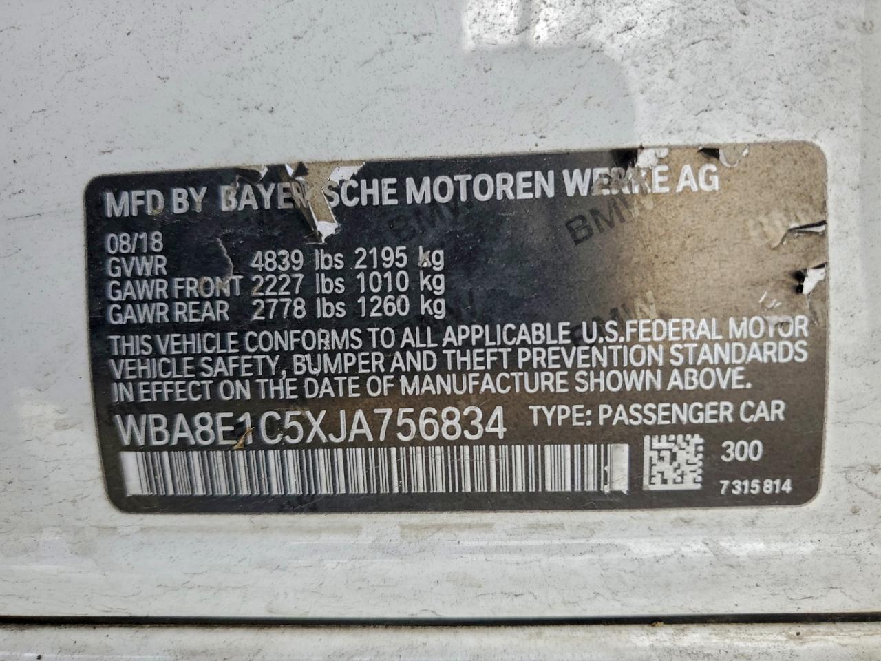 2018 BMW 330E VIN: WBA8E1C5XJA756834 Lot: 94177695