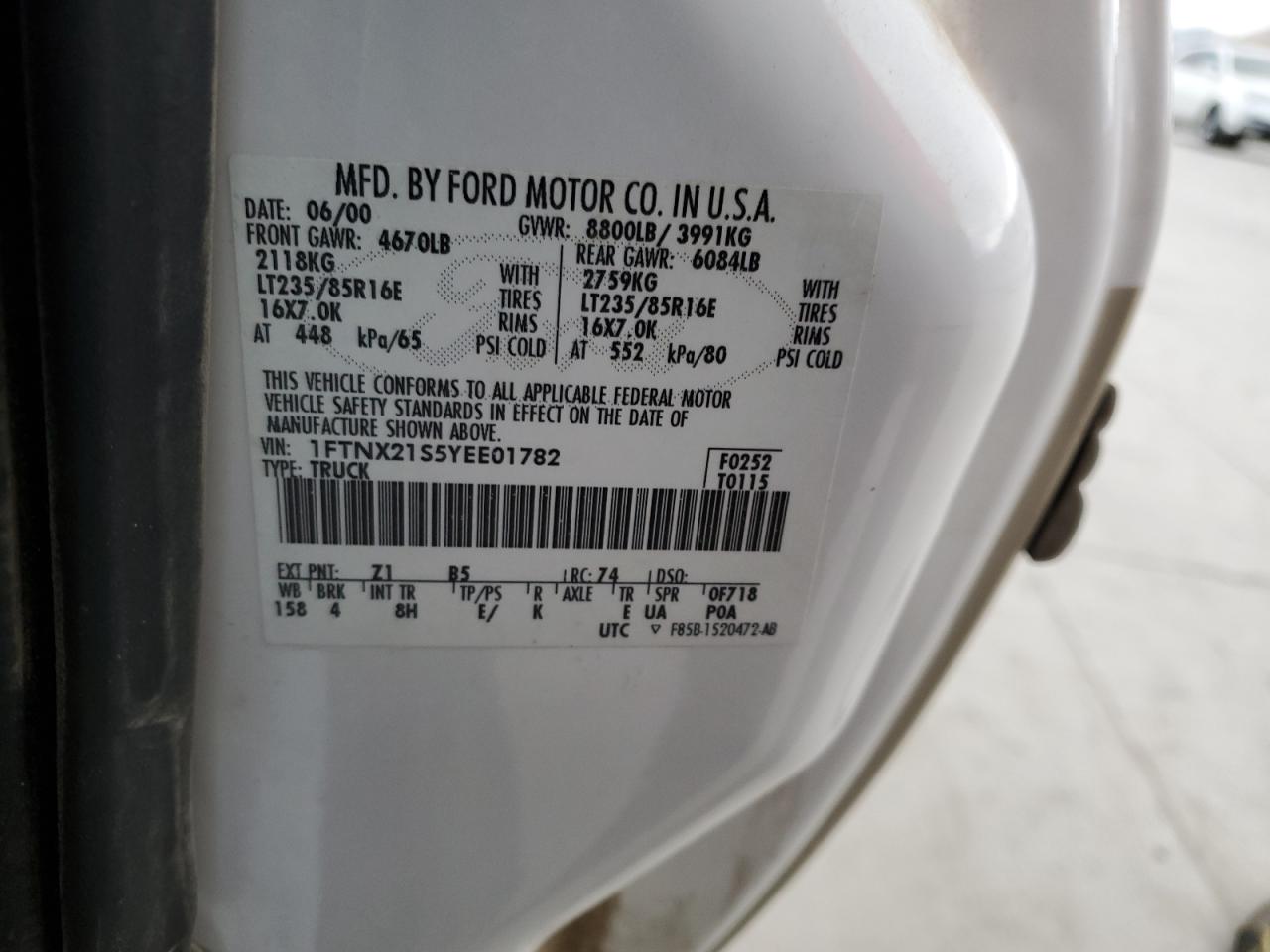 2000 Ford F250 Super Duty VIN: 1FTNX21S5YEE01782 Lot: 91272785