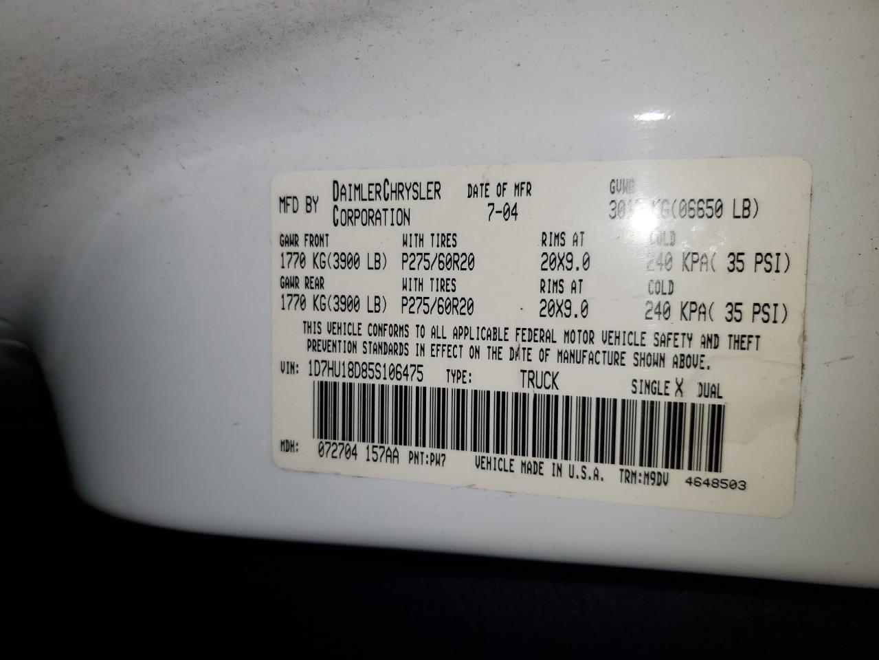 2005 Dodge Ram 1500 St VIN: 1D7HU18D85S106475 Lot: 93610065