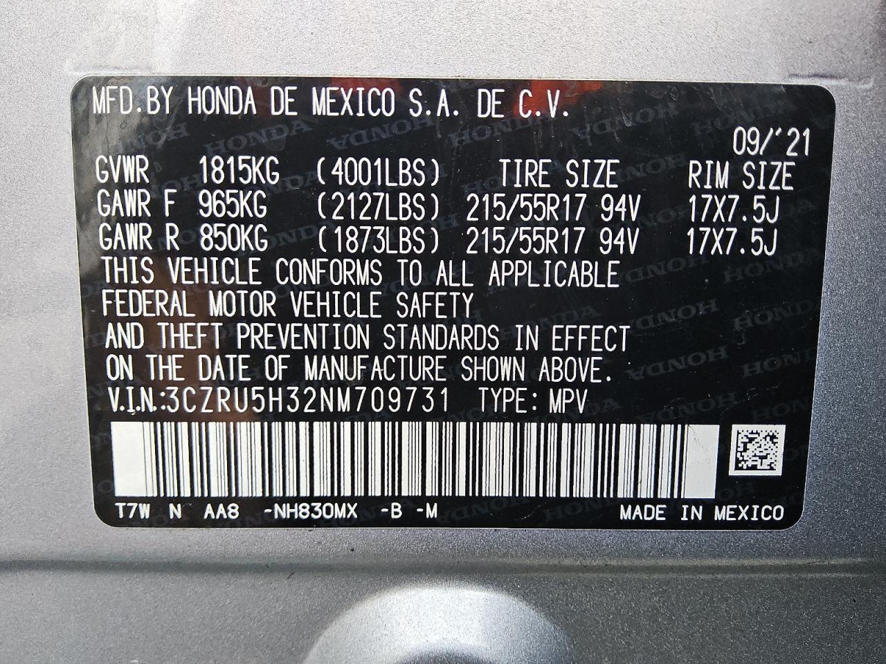 2022 Honda Hr-V Lx VIN: 3CZRU5H32NM709731 Lot: 92452585