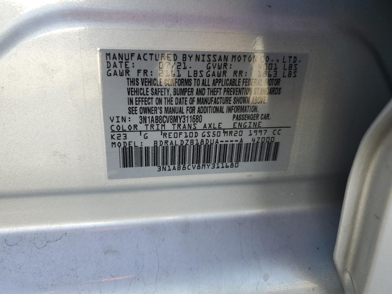 2021 Nissan Sentra Sv VIN: 3N1AB8CV8MY311680 Lot: 93002785