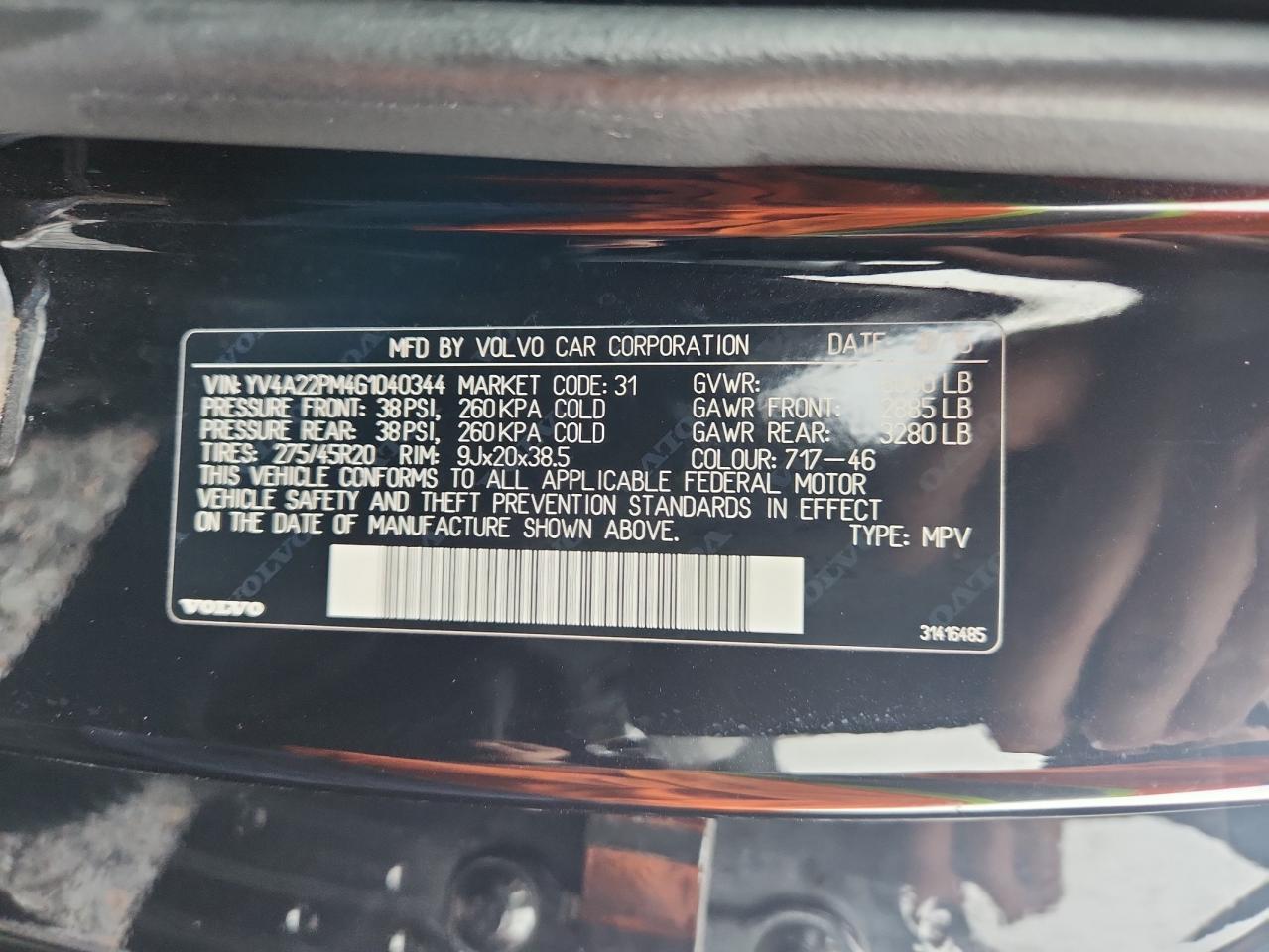 2016 Volvo Xc90 T6 VIN: YV4A22PM4G1040344 Lot: 93303835