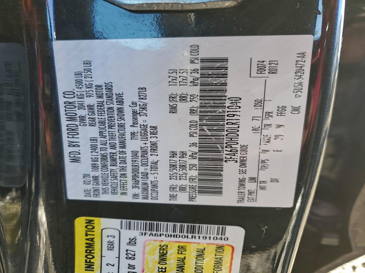 2020 Ford Fusion Se VIN: 3FA6P0HD0LR191040 Lot: 93971285