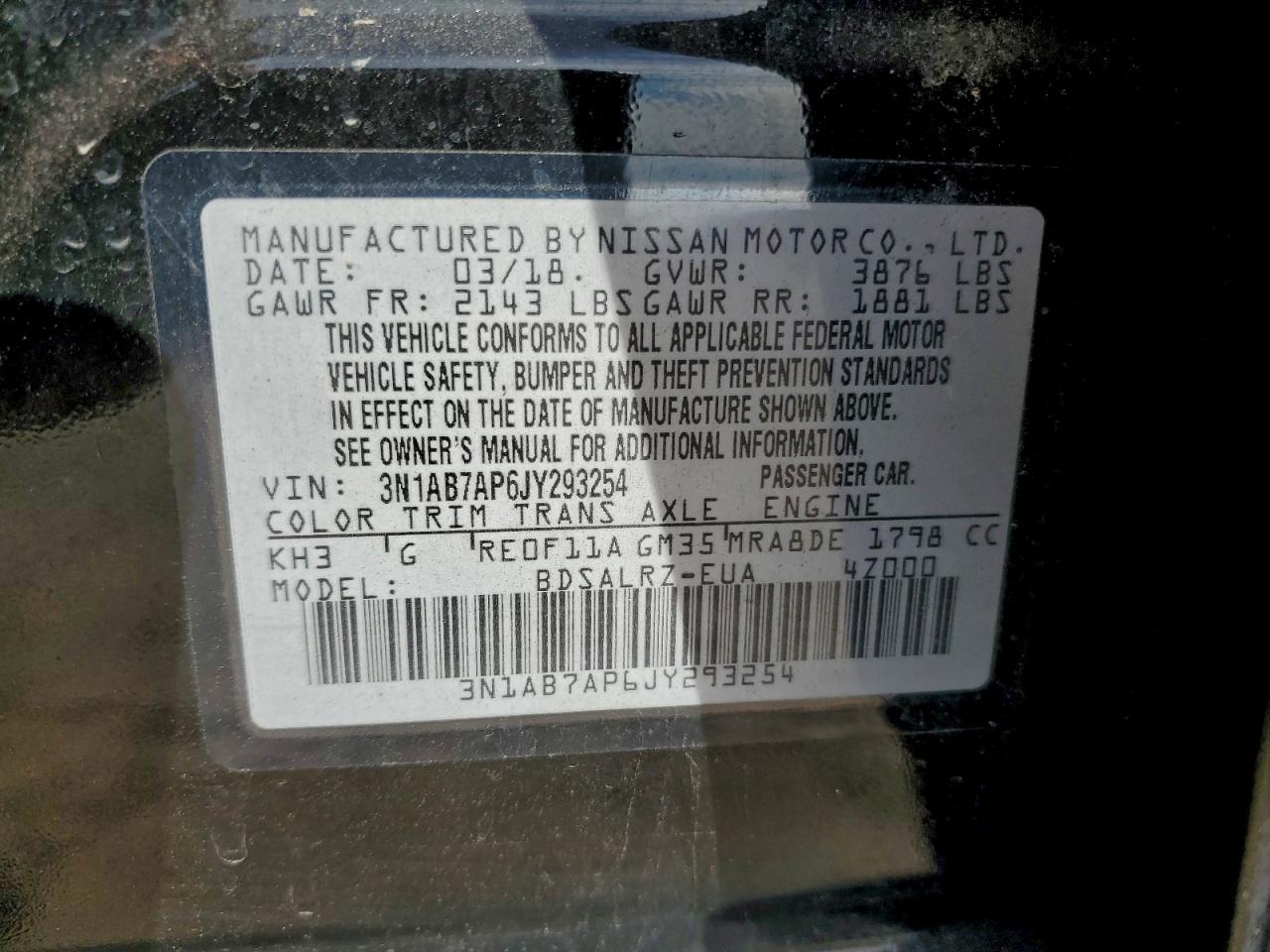 2018 Nissan Sentra S VIN: 3N1AB7AP6JY293254 Lot: 94313855