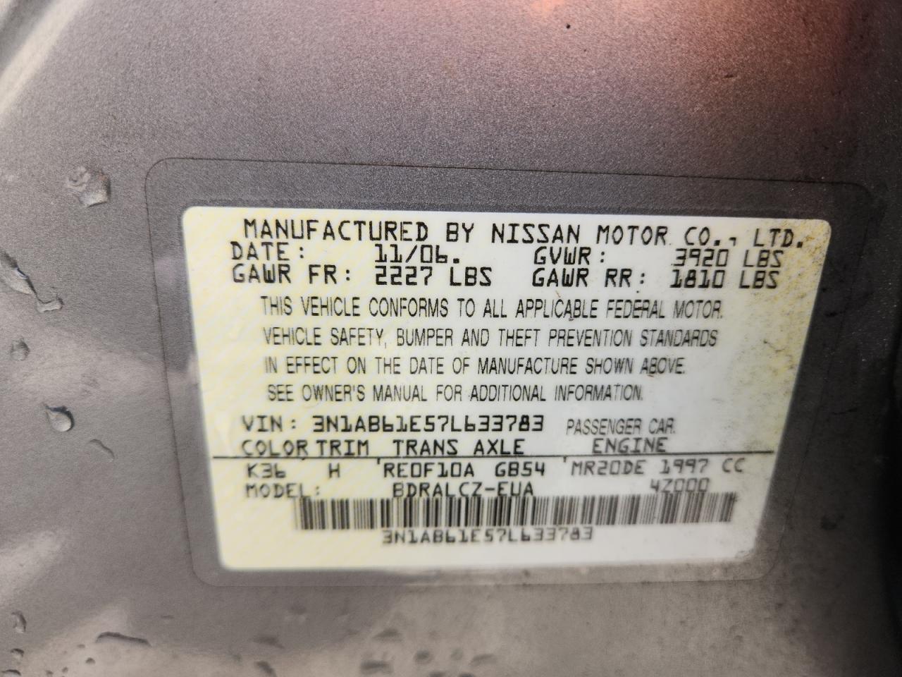 2007 Nissan Sentra 2.0 VIN: 3N1AB61E57L633783 Lot: 93114585