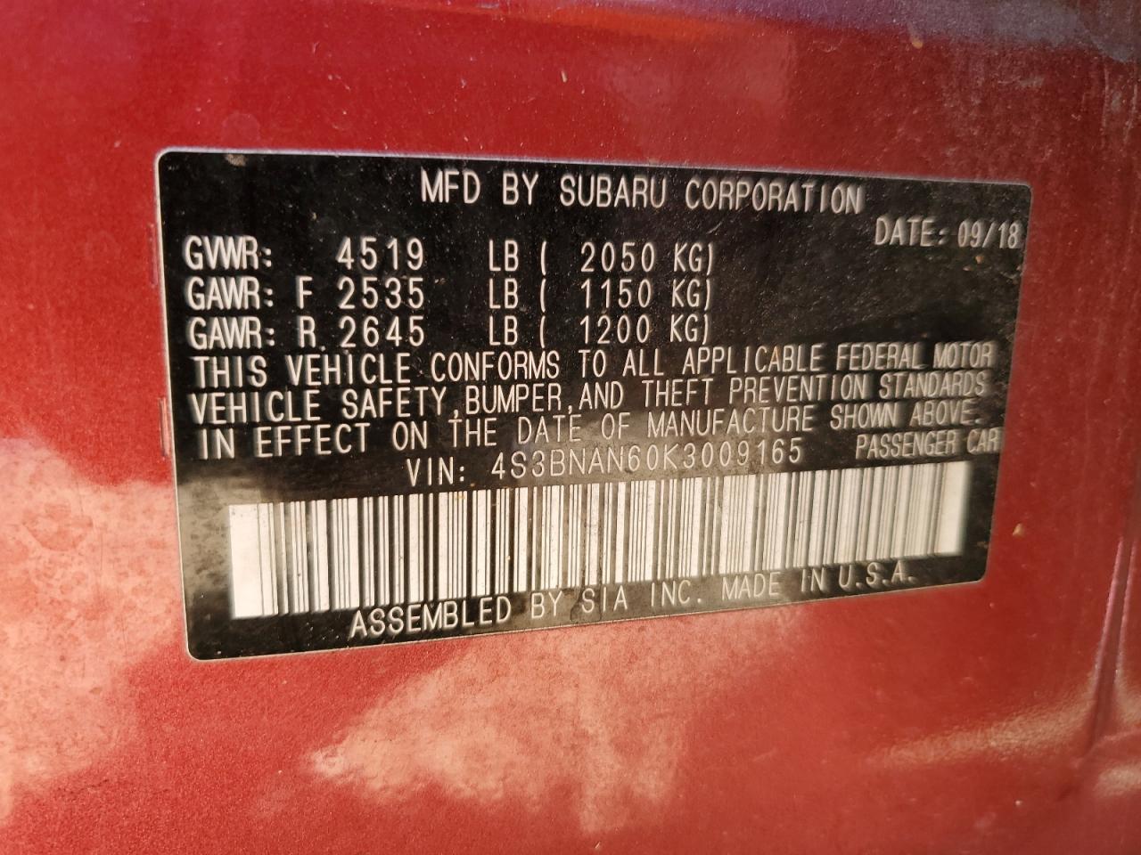 2019 Subaru Legacy 2.5I Limited VIN: 4S3BNAN60K3009165 Lot: 90271885