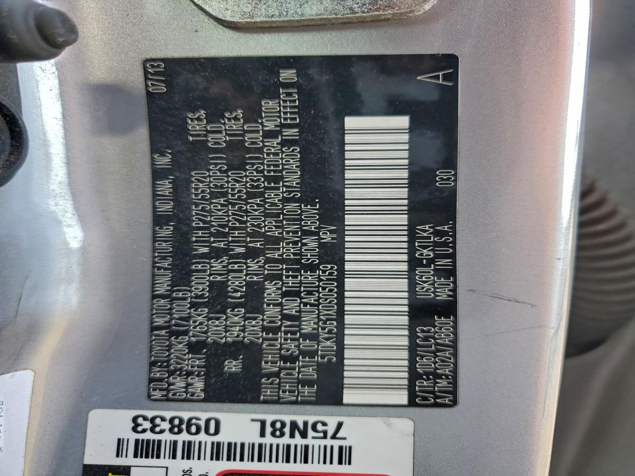 2013 Toyota Sequoia Limited VIN: 5TDKY5G1XDS050159 Lot: 94243625