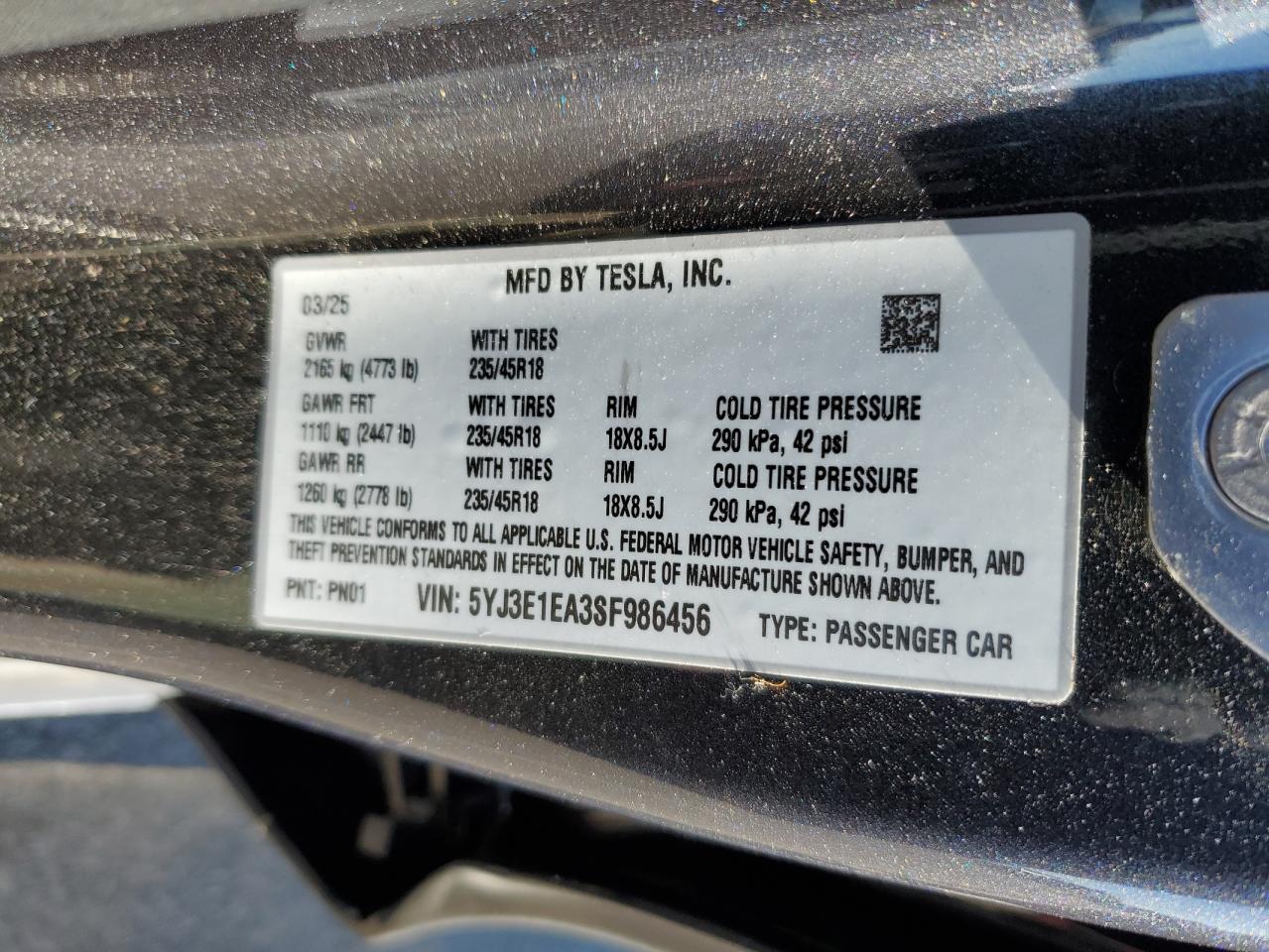 2025 Tesla Model 3 VIN: 5YJ3E1EA3SF986456 Lot: 92437055