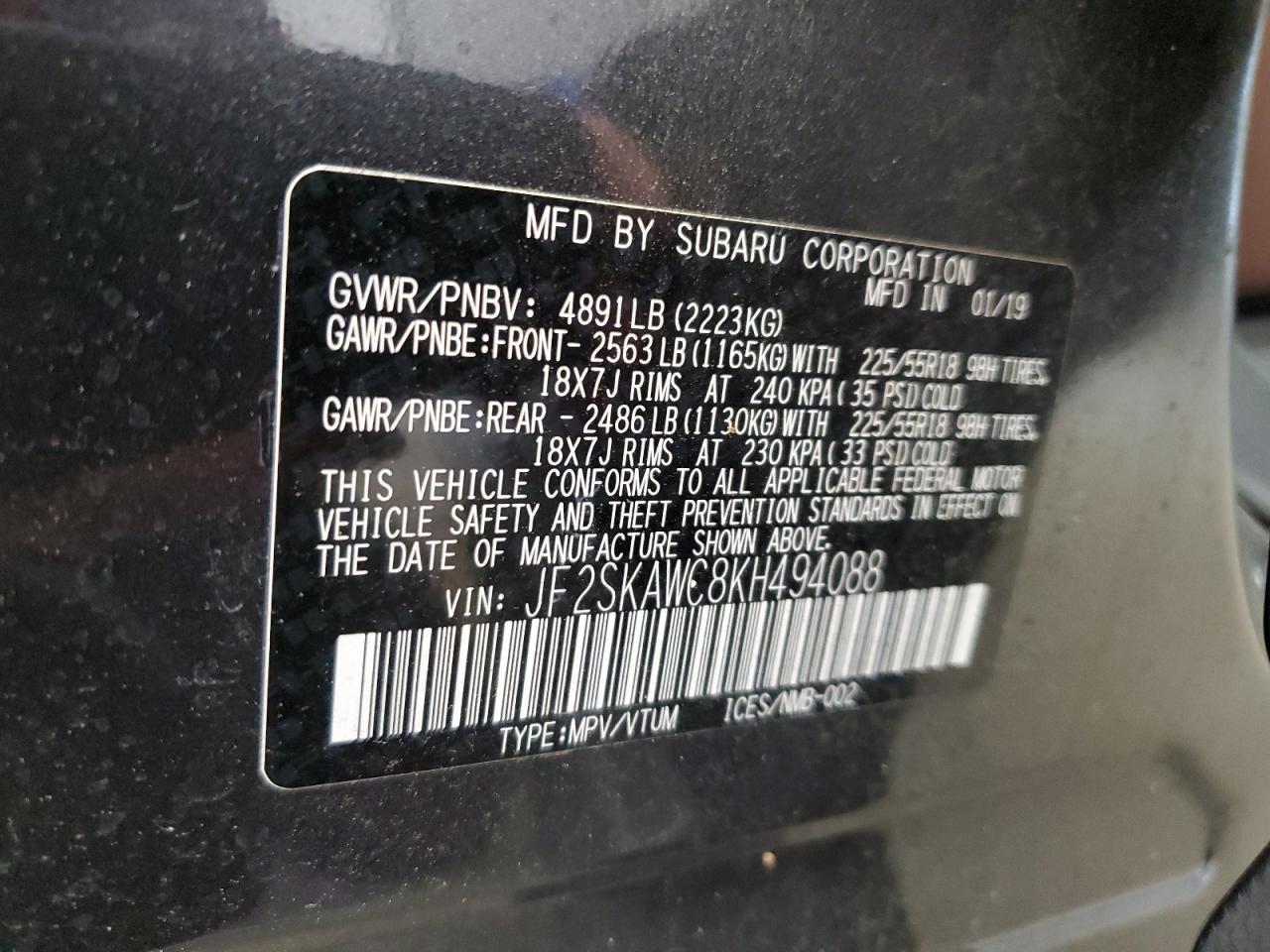 2019 Subaru Forester Touring VIN: JF2SKAWC8KH494088 Lot: 85433485