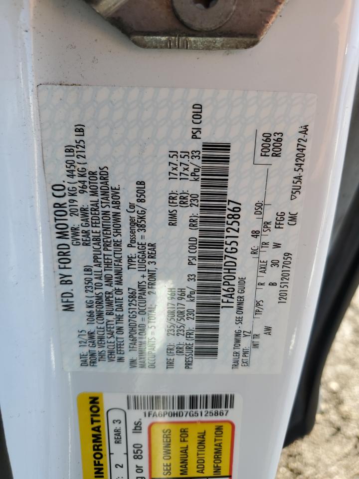 2016 Ford Fusion Se VIN: 1FA6P0HD7G5125867 Lot: 92325655