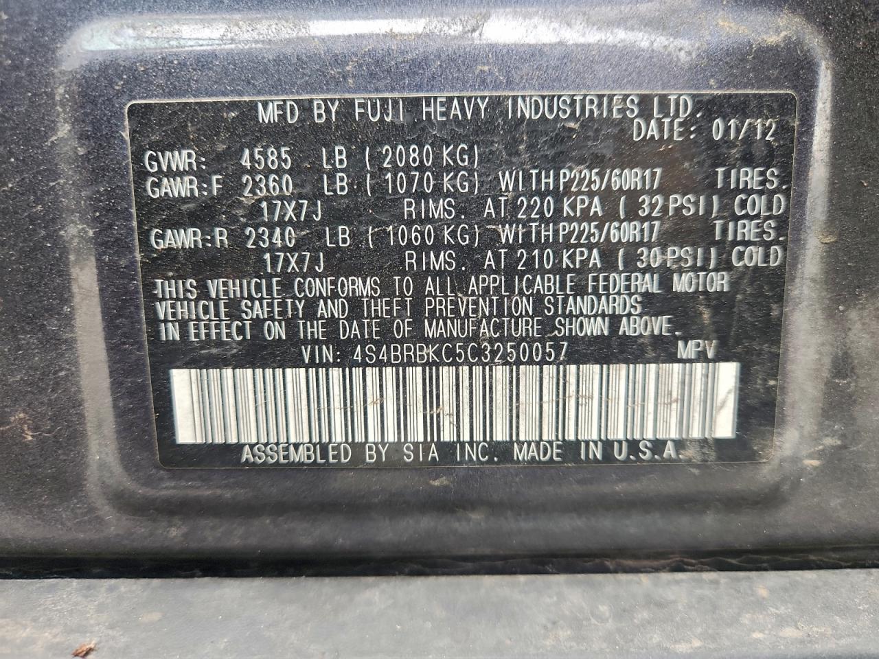 2012 Subaru Outback 2.5I Limited VIN: 4S4BRBKC5C3250057 Lot: 93877875