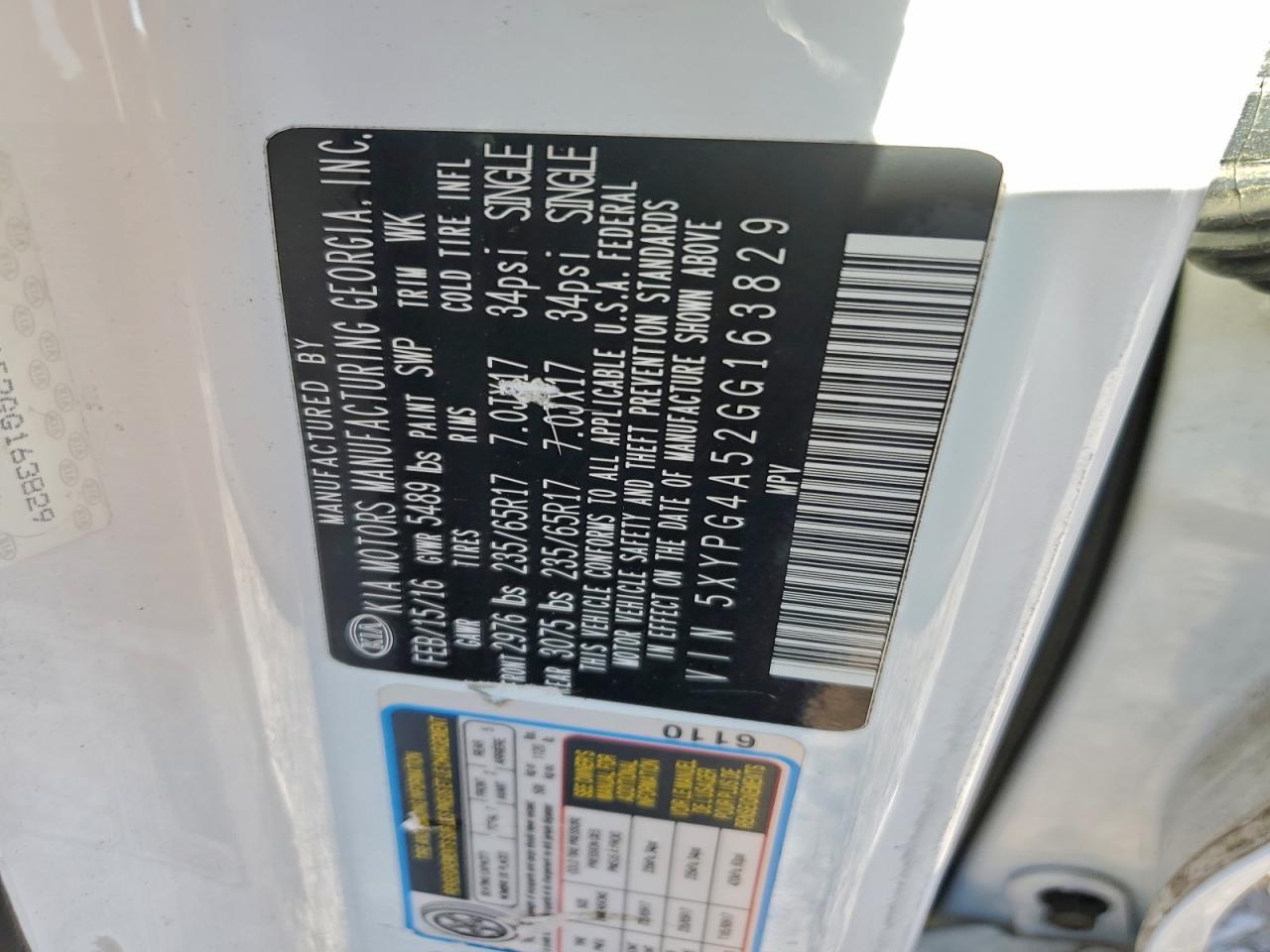 2016 Kia Sorento Lx VIN: 5XYPG4A52GG163829 Lot: 93915145