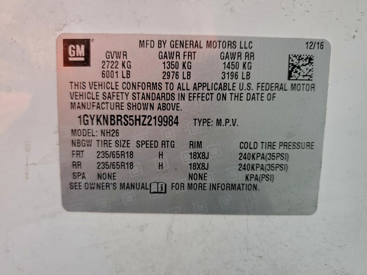 2017 Cadillac Xt5 Luxury VIN: 1GYKNBRS5HZ219984 Lot: 93494695