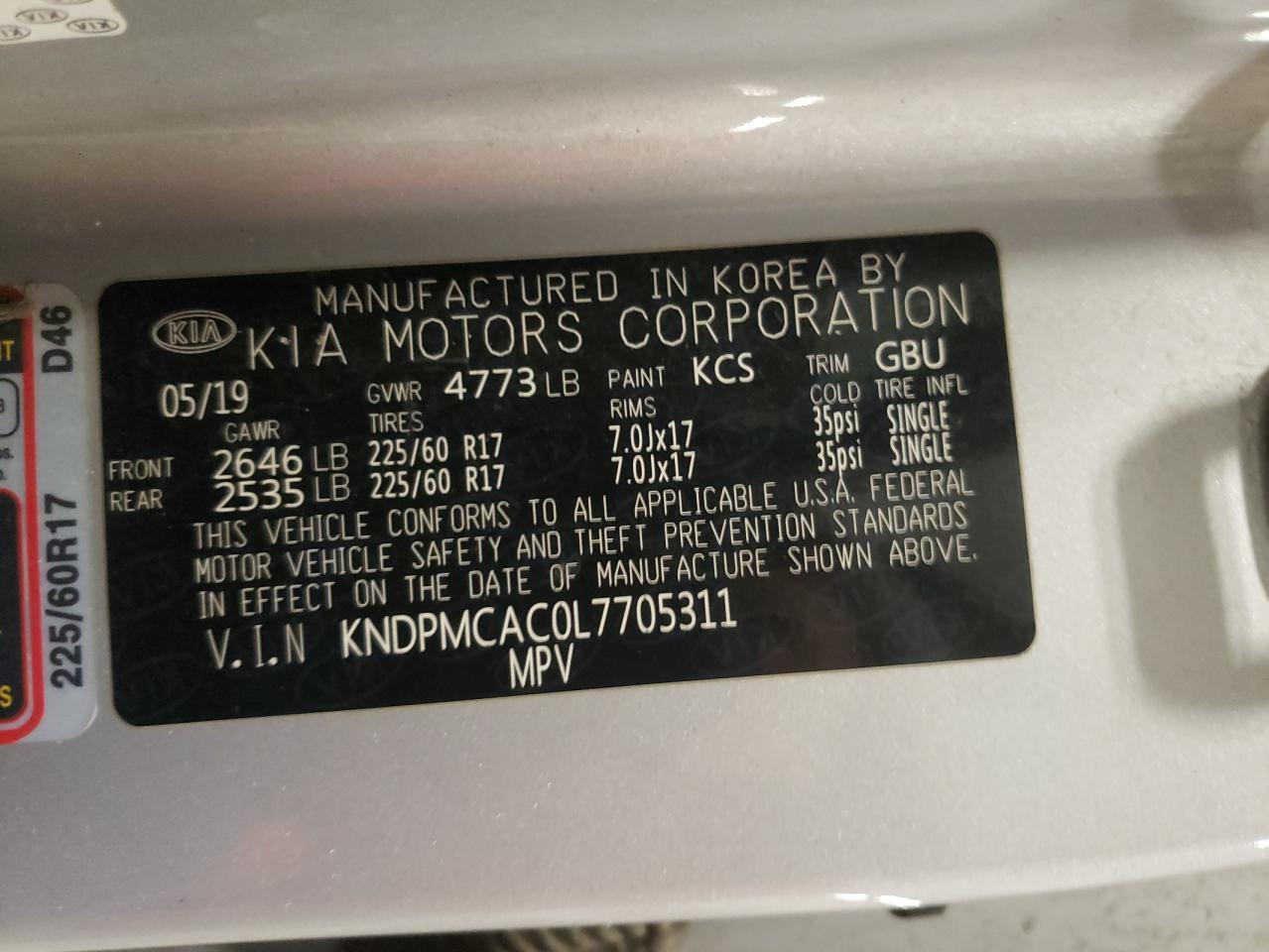 2020 Kia Sportage Lx VIN: KNDPMCAC0L7705311 Lot: 93067975