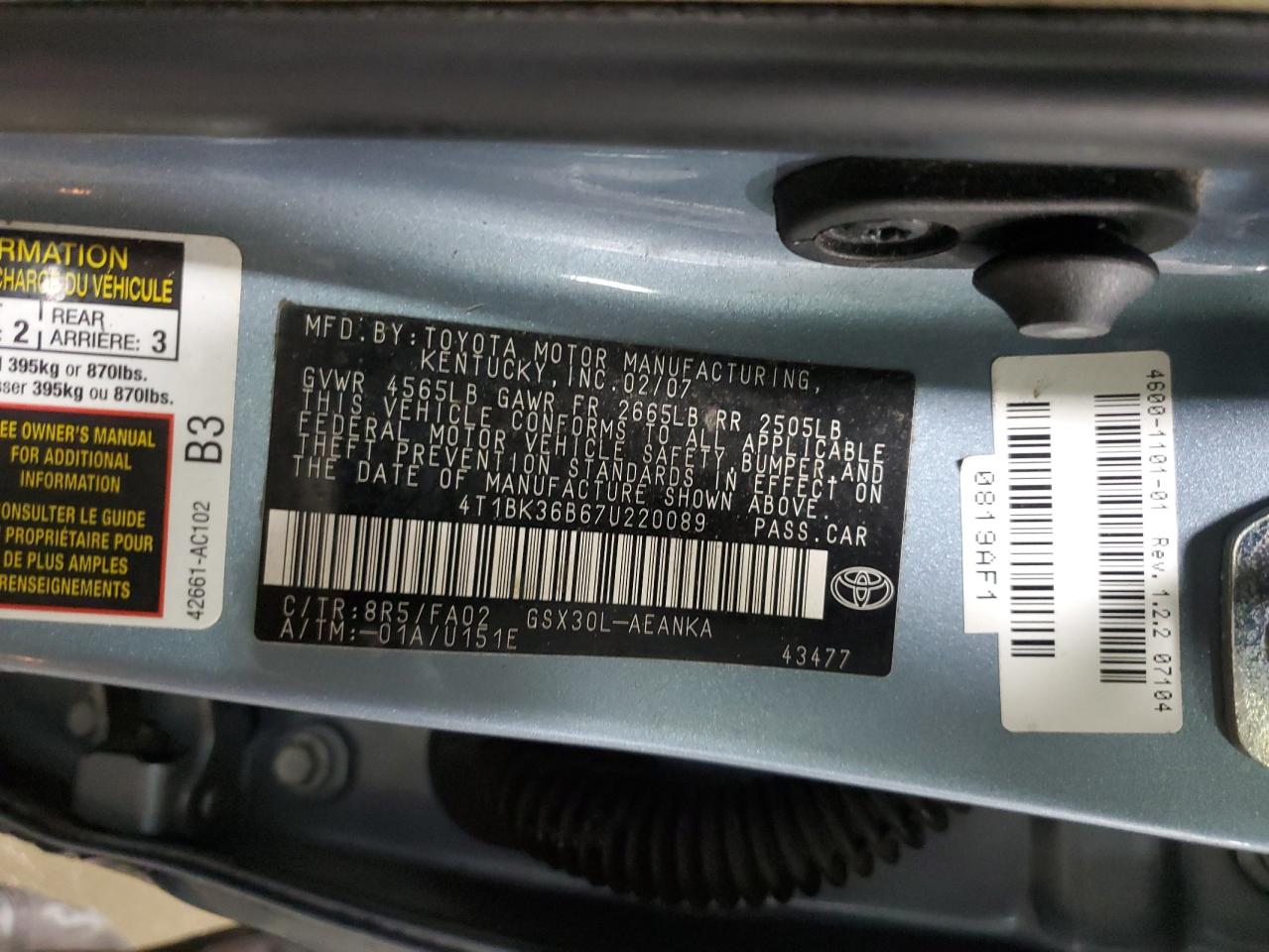 2007 Toyota Avalon Xl VIN: 4T1BK36B67U220089 Lot: 92195185