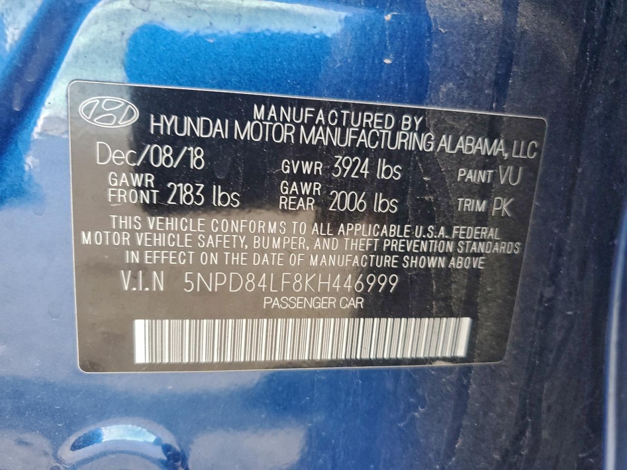 2019 Hyundai Elantra Sel VIN: 5NPD84LF8KH446999 Lot: 94733665