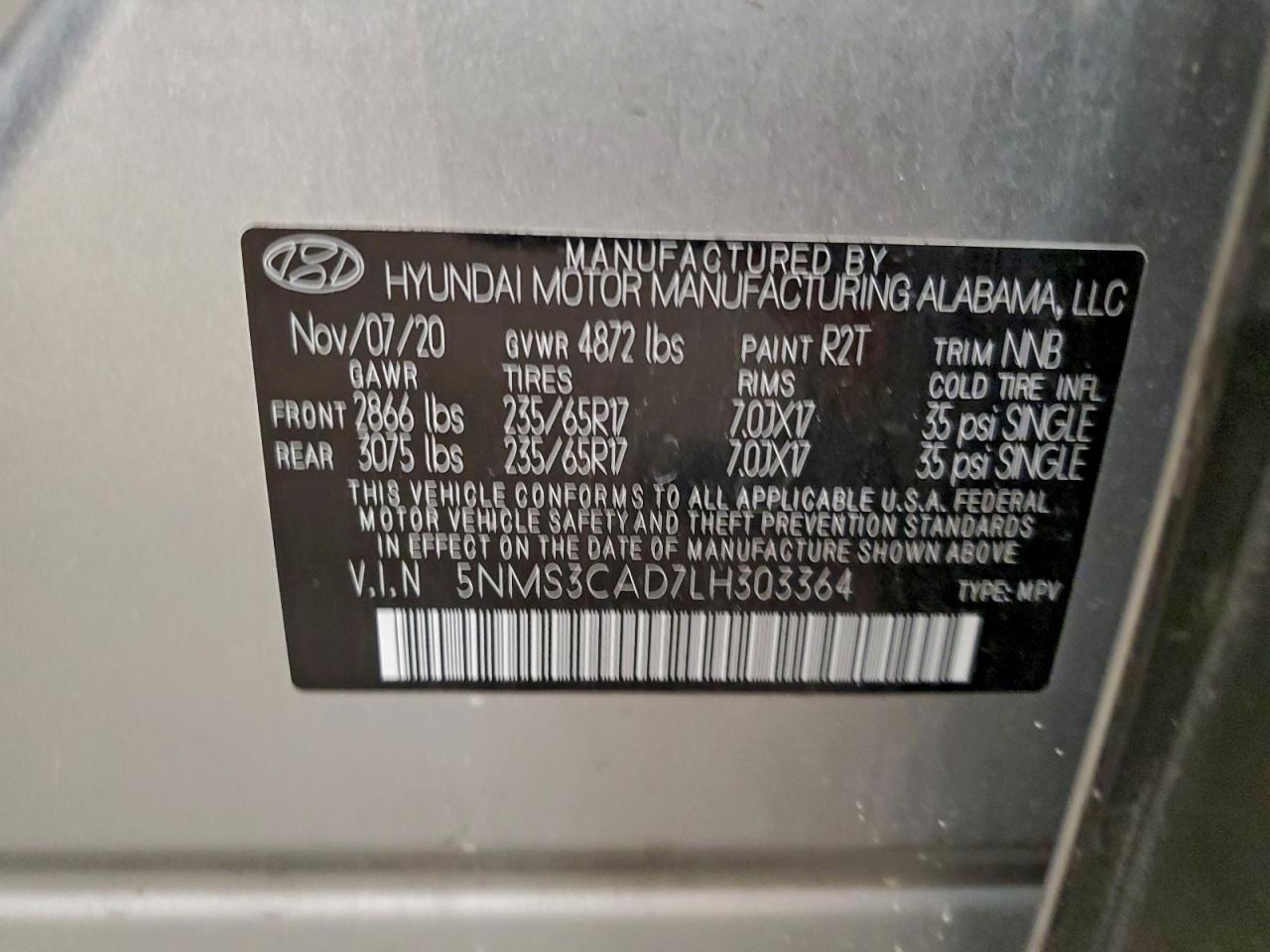 2020 Hyundai Santa Fe Sel VIN: 5NMS3CAD7LH303364 Lot: 94046605