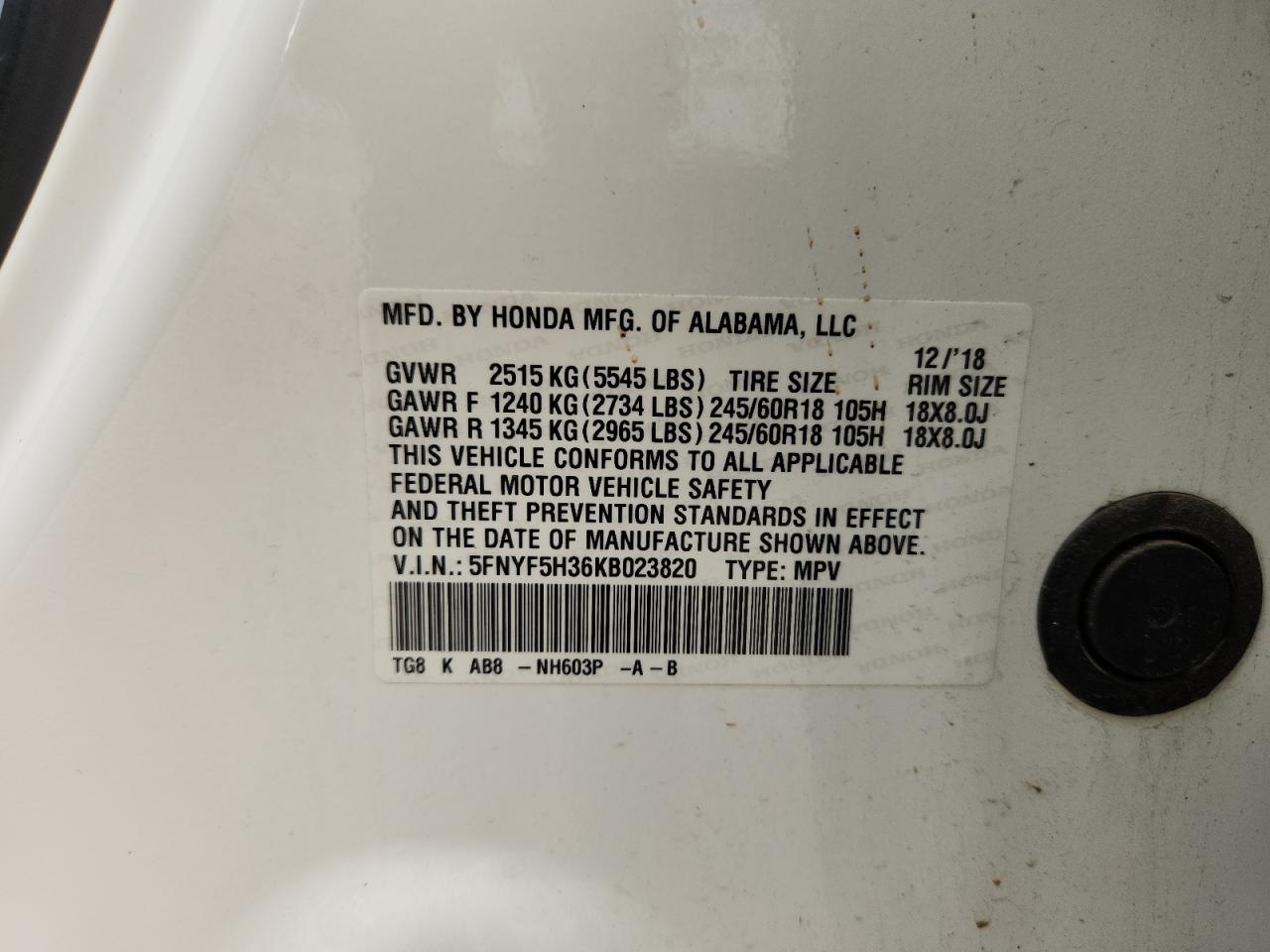 2019 Honda Pilot Ex VIN: 5FNYF5H36KB023820 Lot: 93741015