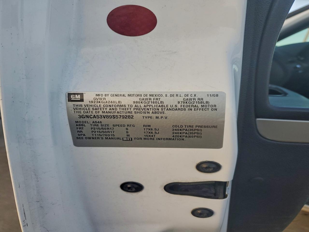 2009 Chevrolet Hhr Lt VIN: 3GNCA53V89S579282 Lot: 94336425