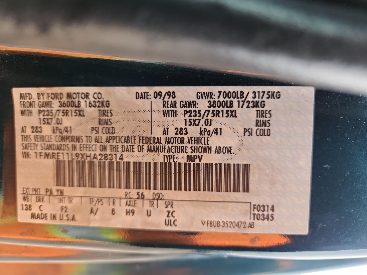 1999 Ford Econoline E150 Wagon VIN: 1FMRE11L9XHA28314 Lot: 91238075